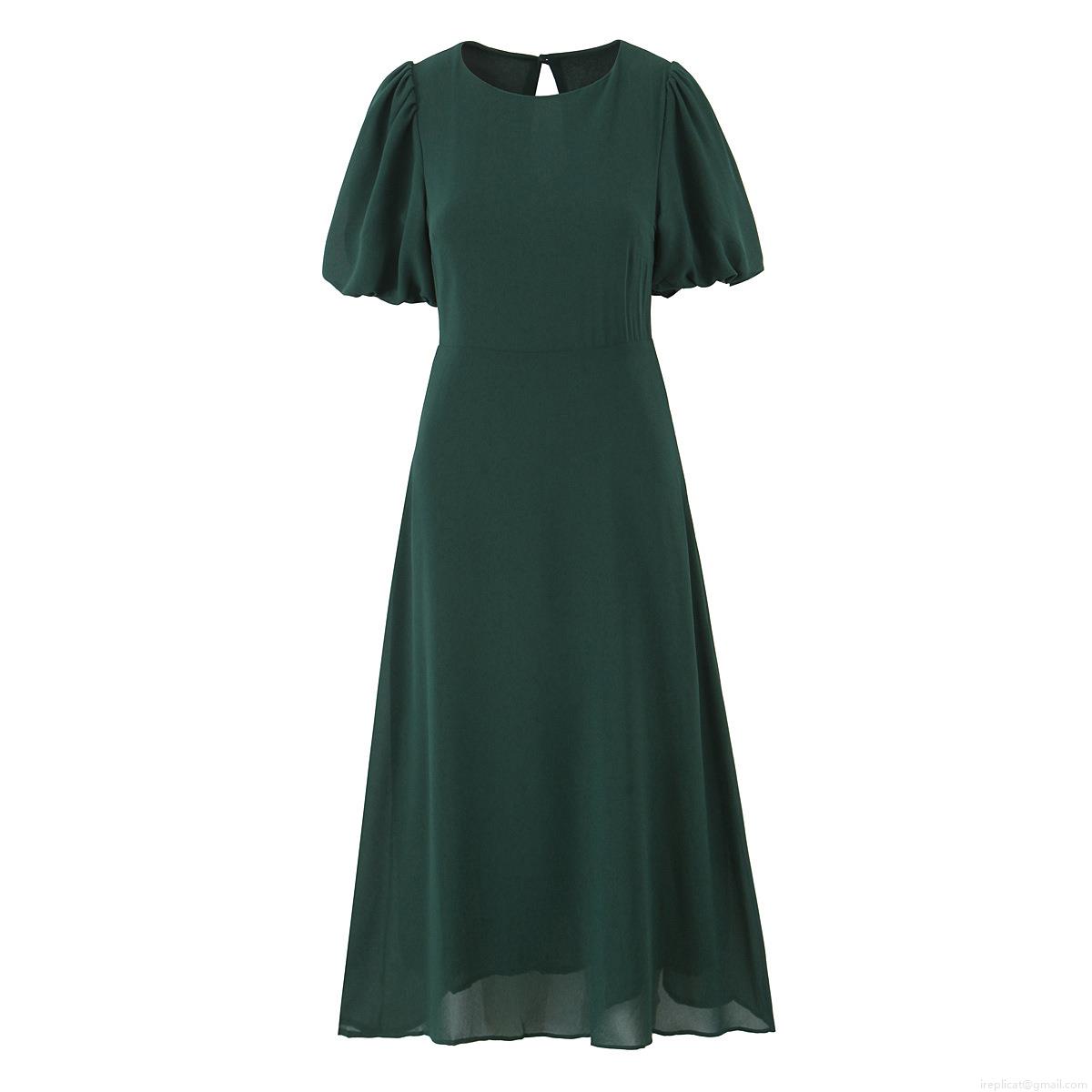 Women Summer Puff Sleeve Midi Dress 100% Polyester Dark Green Solid Color Round Neck Backless Waist Slimming Elegant European Style Casual Daily Party Gown For Women Women Summer Puff Sleeve Midi Dress 100% Polyester Dark Green Solid Color Round Neck Backless Waist Slimming Elegant European Style Casual Daily Party Gown For Women
