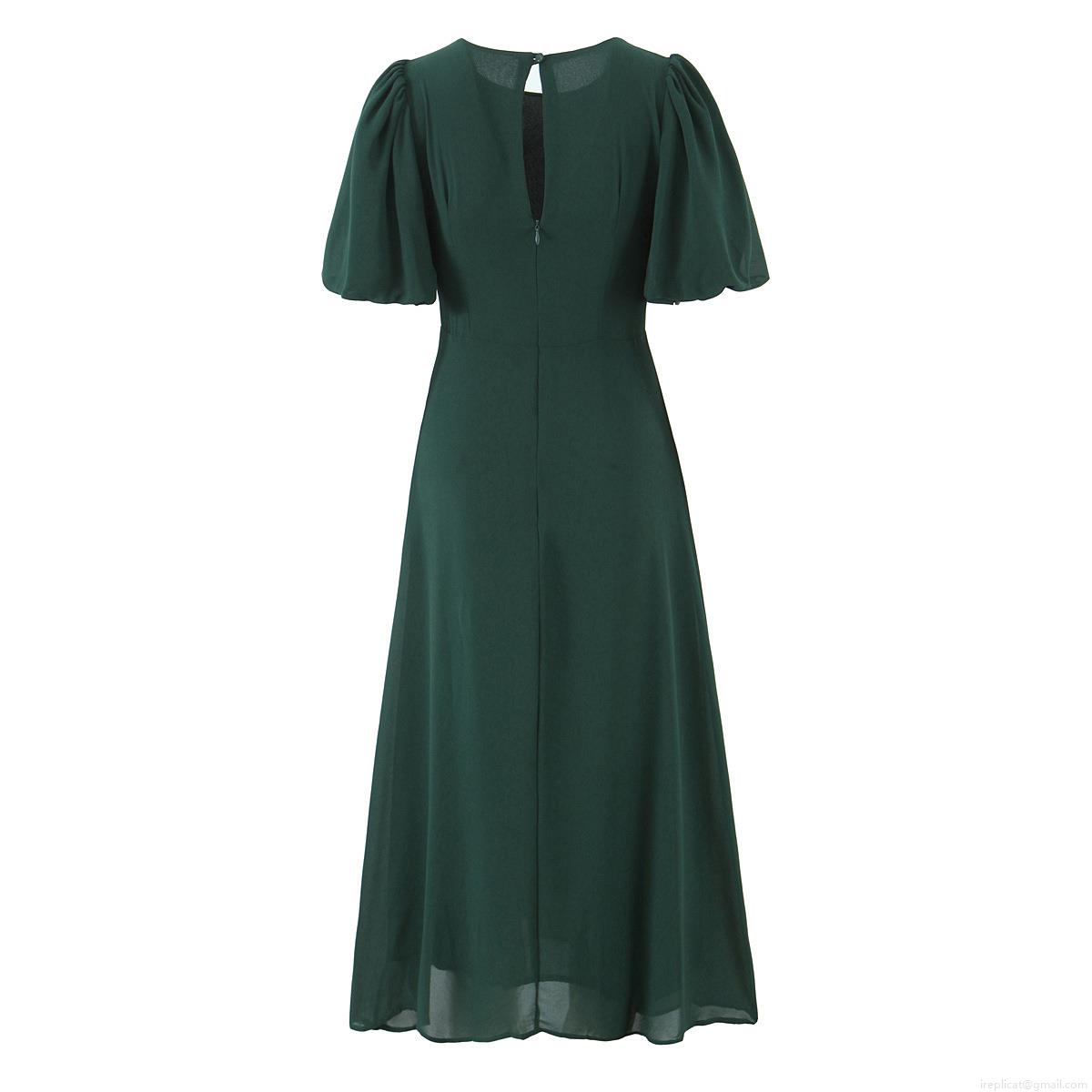 Women Summer Puff Sleeve Midi Dress 100% Polyester Dark Green Solid Color Round Neck Backless Waist Slimming Elegant European Style Casual Daily Party Gown For Women
