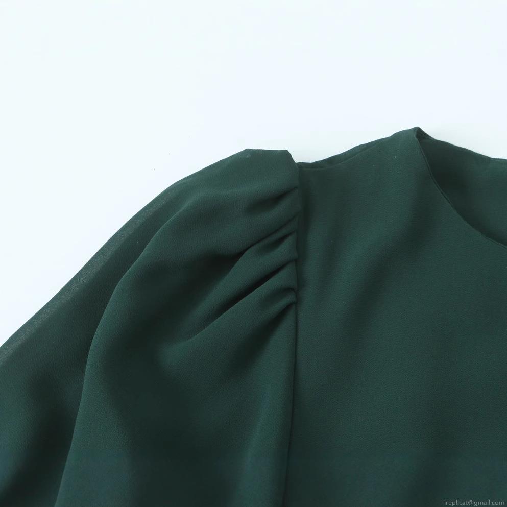 Women Summer Puff Sleeve Midi Dress 100% Polyester Dark Green Solid Color Round Neck Backless Waist Slimming Elegant European Style Casual Daily Party Gown For Women