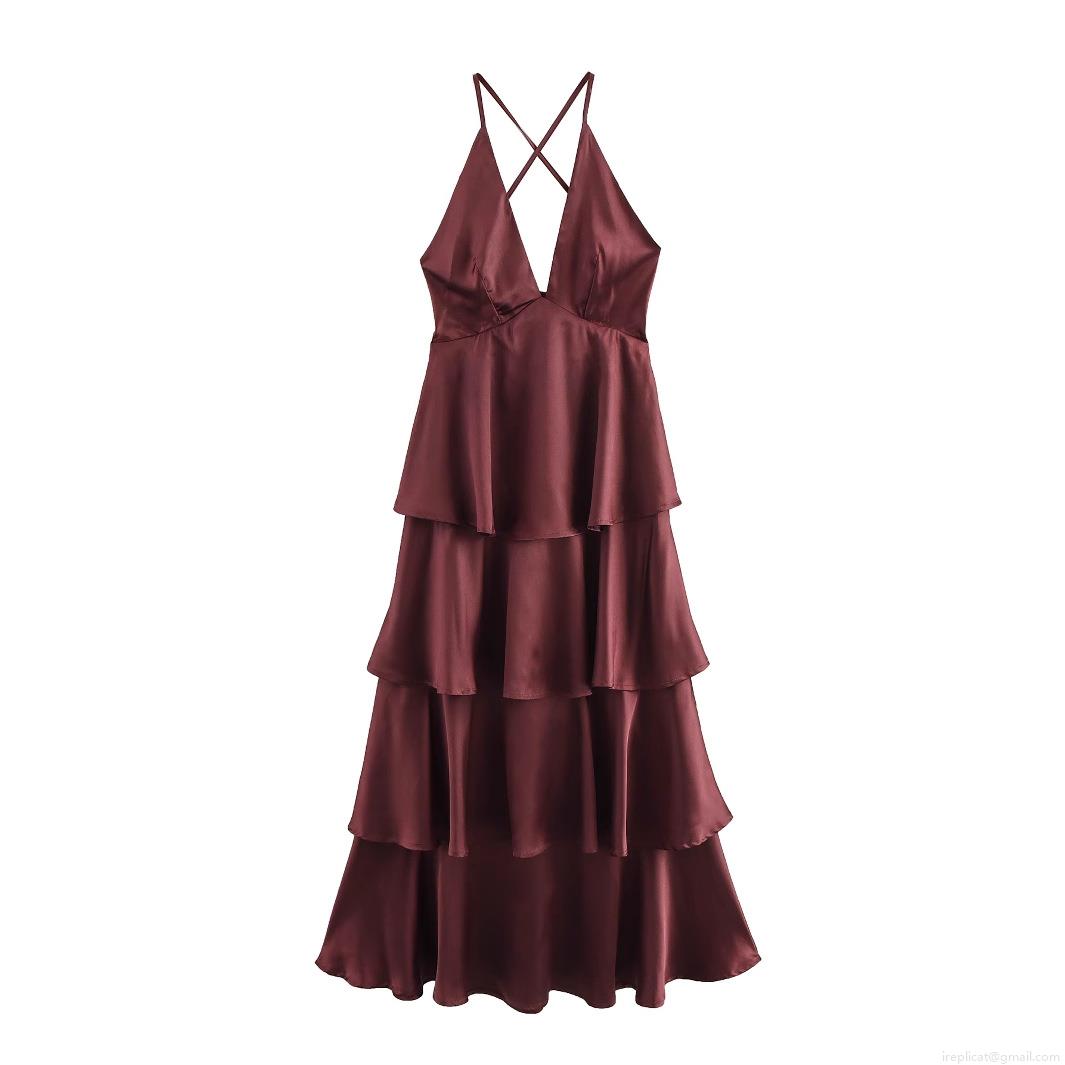Women Sexy Backless Satin Midi Dress V Neck Crossover Straps Tiered Cake Hem 100% Polyester Evening Party Wedding Guest Dress Women Sexy Backless Satin Midi Dress V Neck Crossover Straps Tiered Cake Hem 100% Polyester Evening Party Wedding Guest Dress