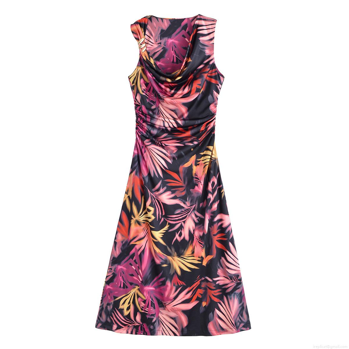 Women's Summer Sleeveless Cowl Neck Tropical Print Ruched Midi Dress Elegant Sexy Bodycon Vacation Party Dress With Metal Detail Women's Summer Sleeveless Cowl Neck Tropical Print Ruched Midi Dress Elegant Sexy Bodycon Vacation Party Dress With Metal Detail