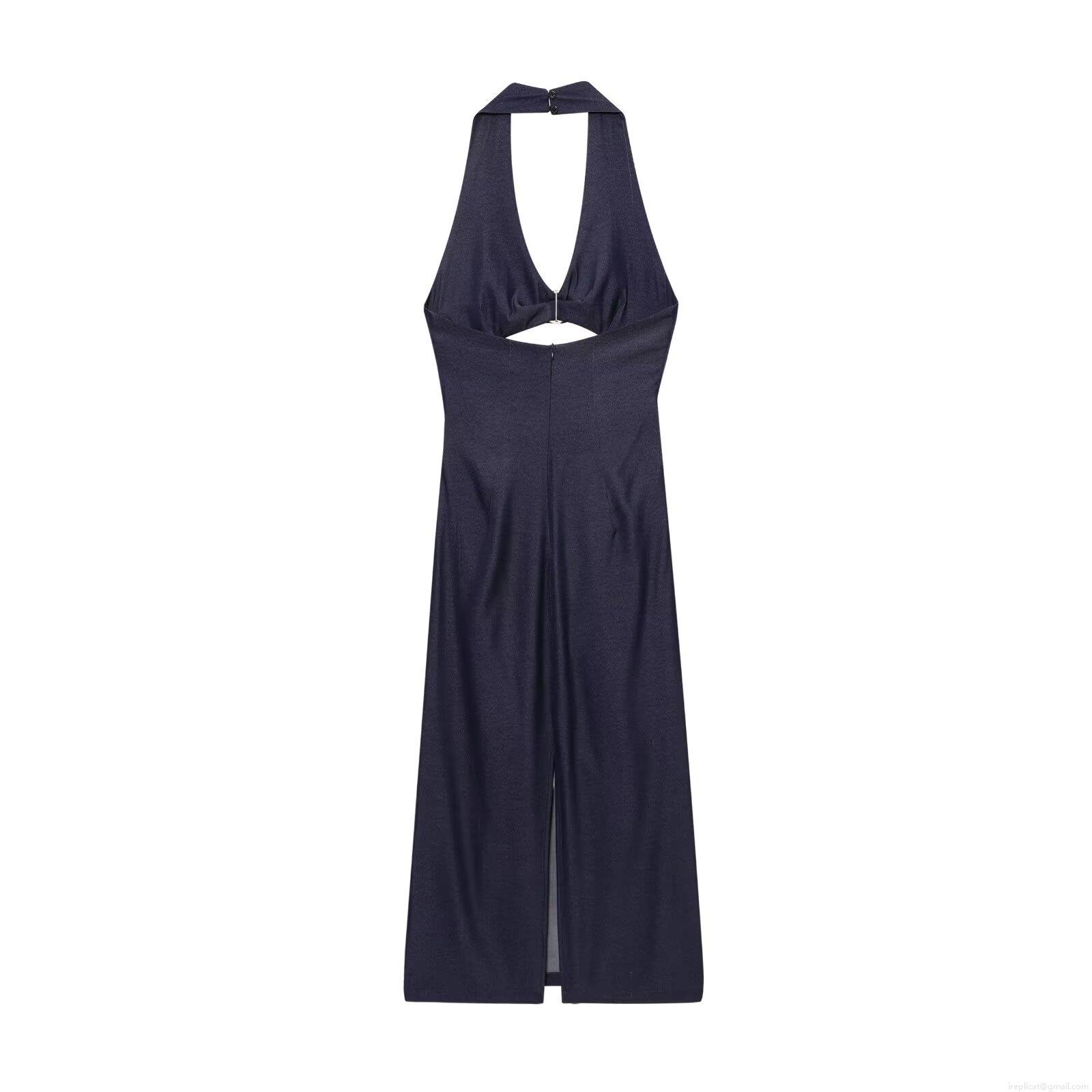 Sexy Navy Blue Halter Neck Midi Dress For Women Backless Cutout Design With Metal Ring Slit Hem Polyester Faux Denim Street Style Summer Bodycon Dresses