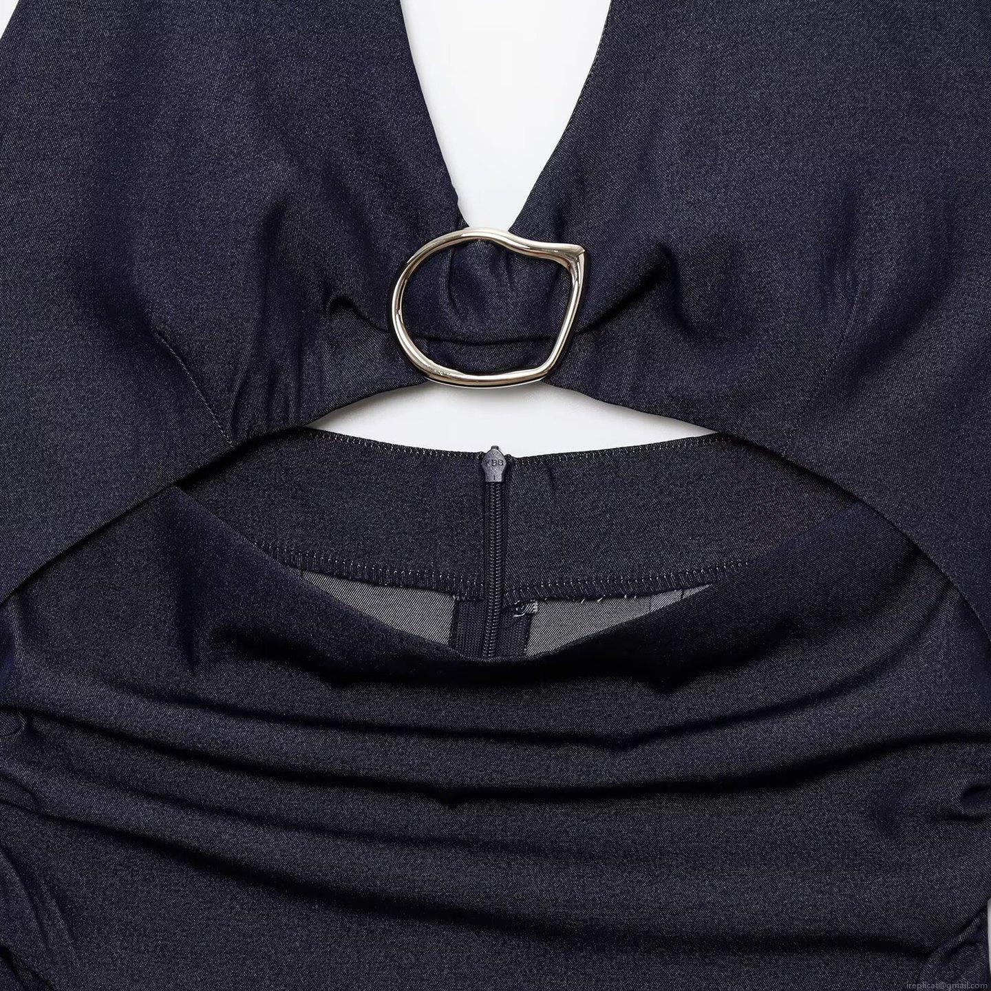 Sexy Navy Blue Halter Neck Midi Dress For Women Backless Cutout Design With Metal Ring Slit Hem Polyester Faux Denim Street Style Summer Bodycon Dresses