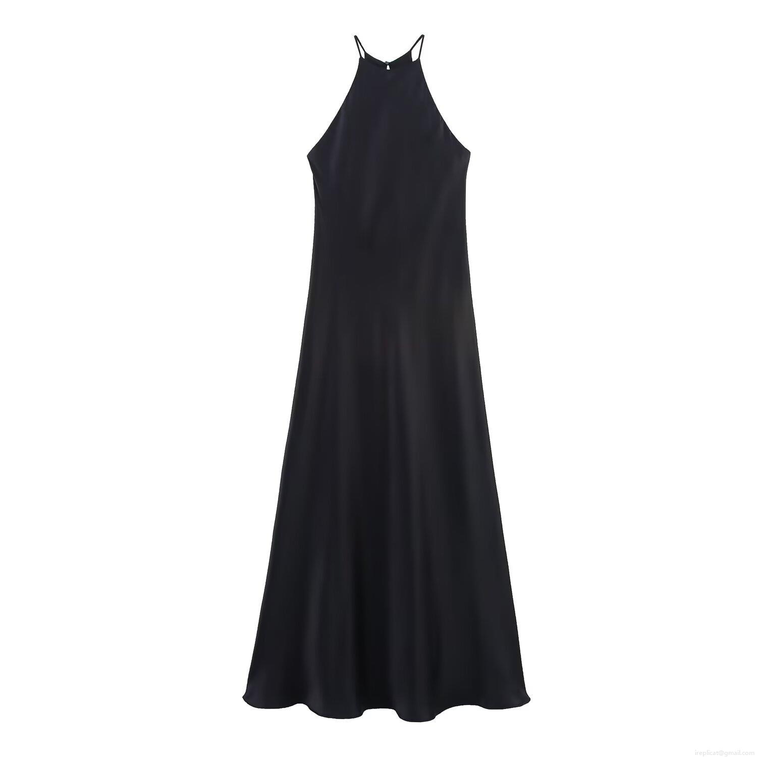 Women Elegant Black Satin Halter Midi Dress Sexy Backless Sleeveless Silk-like Texture Solid Color Slip Dress For Party Evening Clubwear Summer Fashion Women Elegant Black Satin Halter Midi Dress Sexy Backless Sleeveless Silk-like Texture Solid Color Slip Dress For Party Evening Clubwear Summer Fashion
