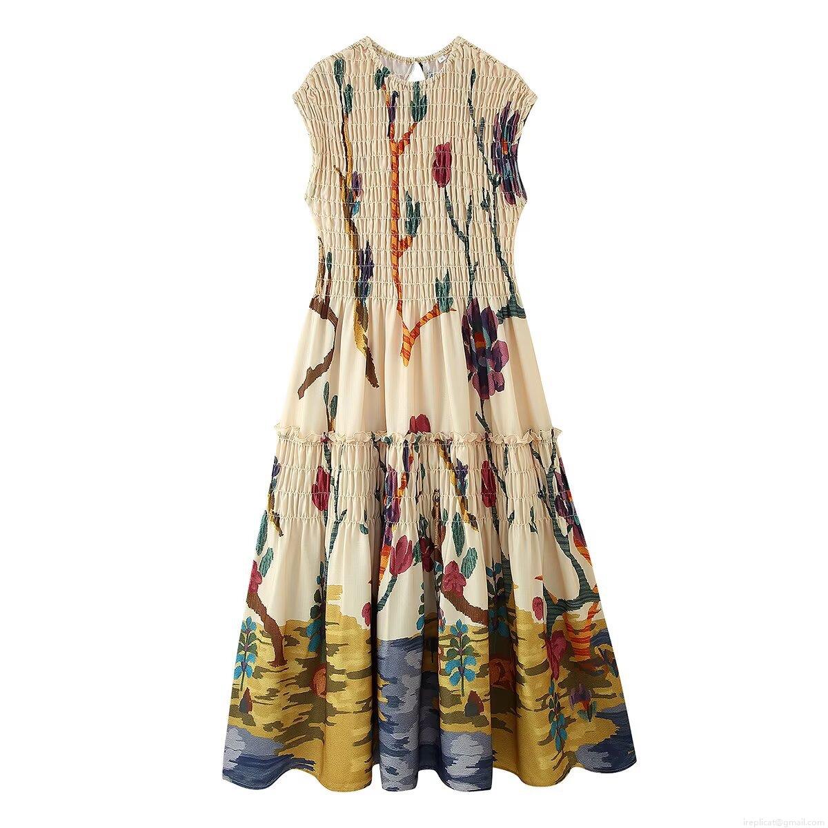 Women's Sleeveless Abstract Floral Scenery Print Smocking Midi Dress Round Neck Summer Casual Beach Party High Elastic Polyester Dress Women's Sleeveless Abstract Floral Scenery Print Smocking Midi Dress Round Neck Summer Casual Beach Party High Elastic Polyester Dress