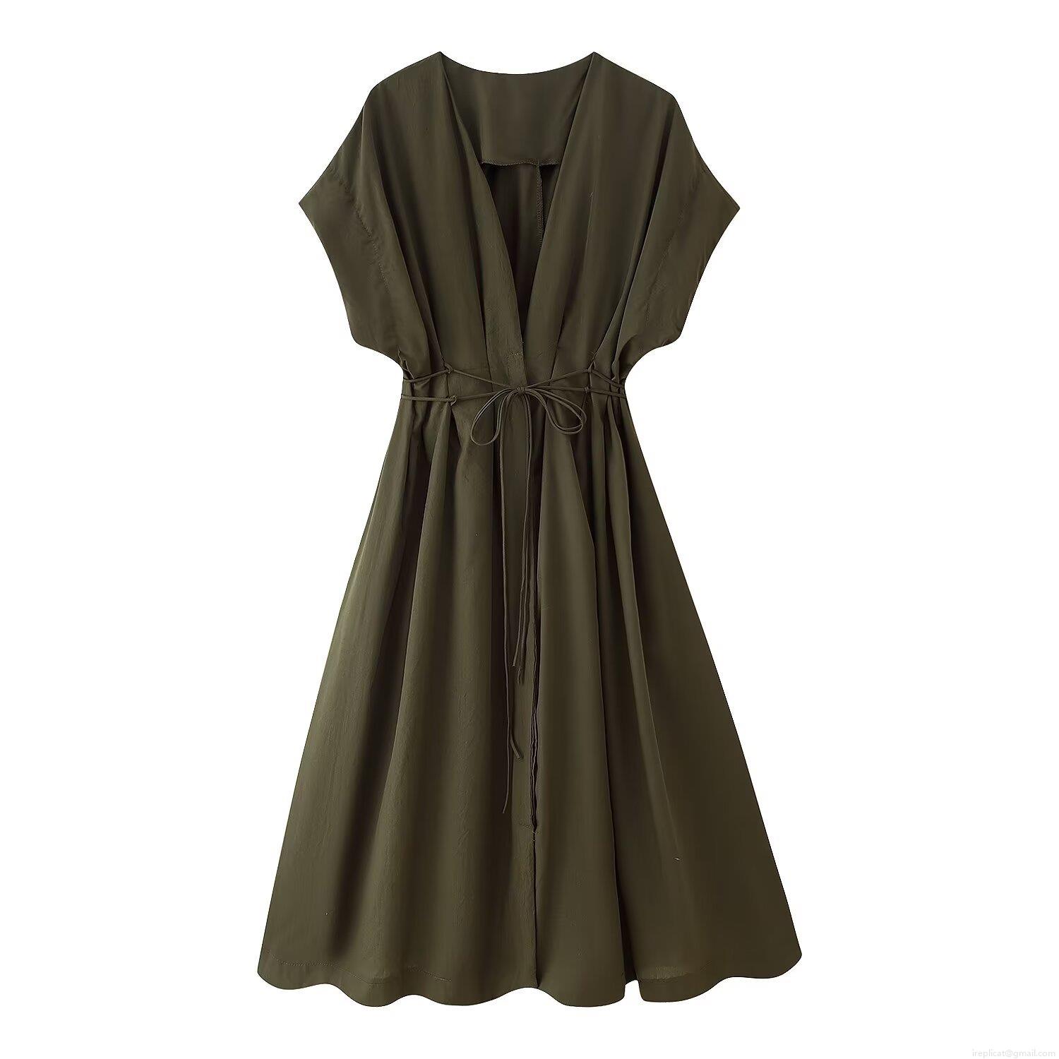 Women's V-Neck Short Sleeve Maxi Dress Solid Color Pleated Waist Tie-Up Polyester A-Line Casual Streetwear Long Dress