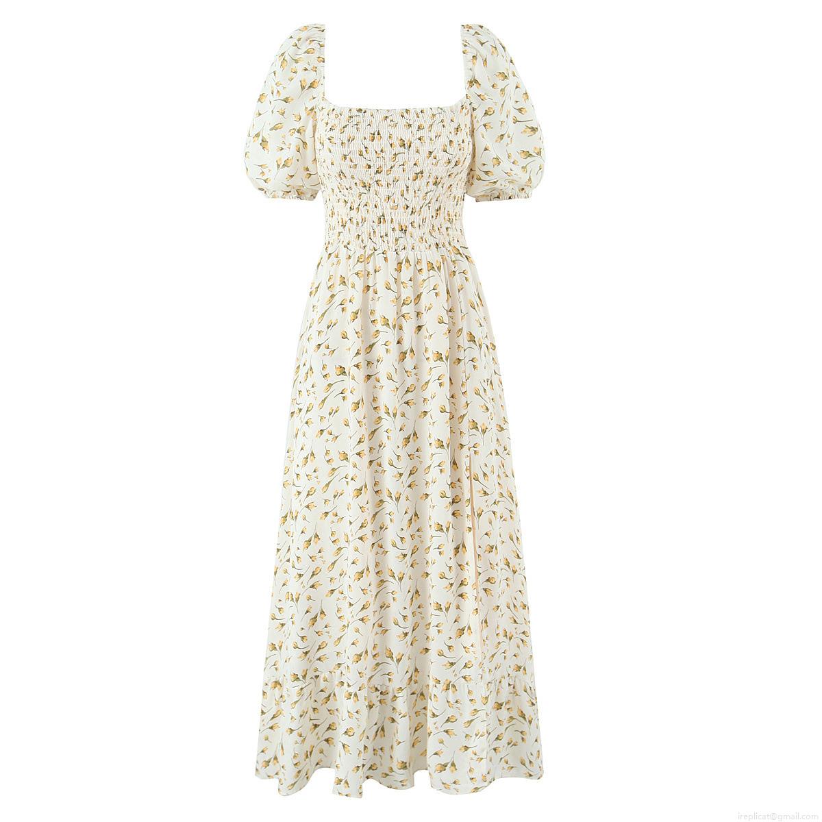 Women's Summer Vintage Floral Square Neck Puff Sleeve Smocked Midi Dress With Split A-Line Cottagecore Style Summer Dress Women's Summer Vintage Floral Square Neck Puff Sleeve Smocked Midi Dress With Split A-Line Cottagecore Style Summer Dress