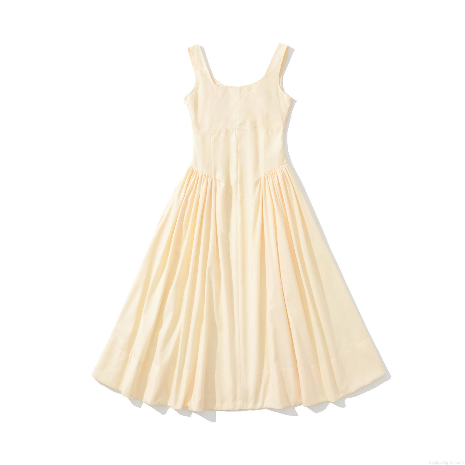 Women\'s Summer Sleeveless Midi Dress Ruched Bust Slim Fit Solid Color Cream Yellow 100% Polyester Party Casual Streetwear Dress