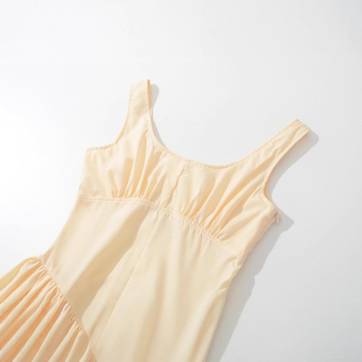Women\'s Summer Sleeveless Midi Dress Ruched Bust Slim Fit Solid Color Cream Yellow 100% Polyester Party Casual Streetwear Dress