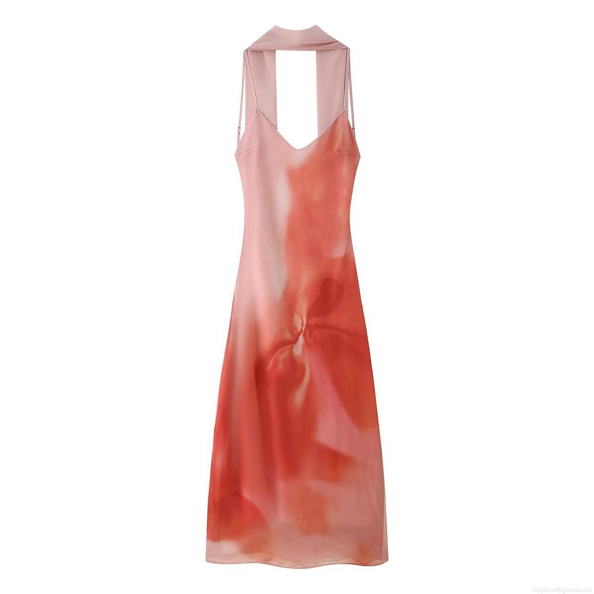 Women Sexy Backless Halter Neck Midi Dress Pink Gradient Tie-Dye Floral Print Satin Slip Dress For Evening Party Streetwear Clubwear Women Sexy Backless Halter Neck Midi Dress Pink Gradient Tie-Dye Floral Print Satin Slip Dress For Evening Party Streetwear Clubwear