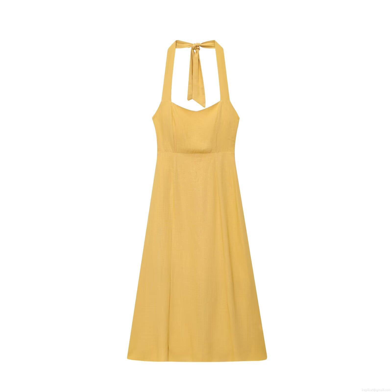 Women's Halter Backless Midi Dress Cotton Linen Blend Smocked Design Lace-up A-Line Dress for Summer Beach Vacation Party European Street Style Women's Halter Backless Midi Dress Cotton Linen Blend Smocked Design Lace-up A-Line Dress for Summer Beach Vacation Party European Street Style