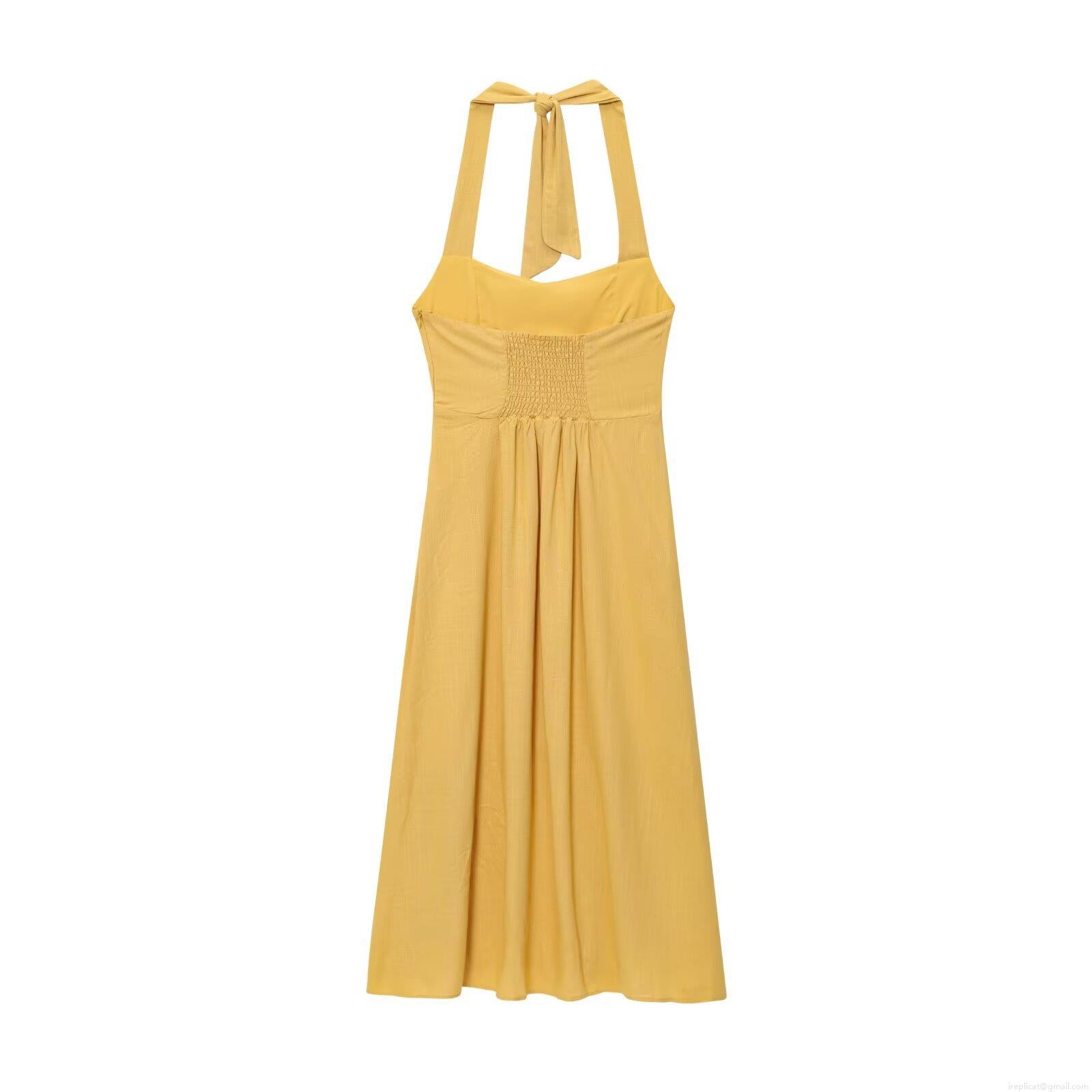 Women\'s Halter Backless Midi Dress Cotton Linen Blend Smocked Design Lace-up A-Line Dress for Summer Beach Vacation Party European Street Style