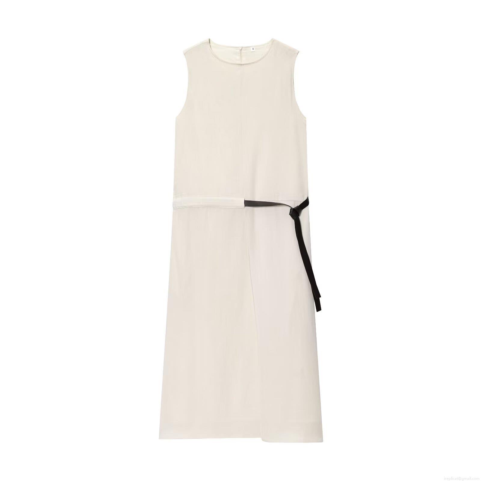 Women's Elegant Sleeveless Midi Dress Round Neck Solid Color With Black Belt Casual Street Style Summer Autumn Dress For Ladies Women's Elegant Sleeveless Midi Dress Round Neck Solid Color With Black Belt Casual Street Style Summer Autumn Dress For Ladies