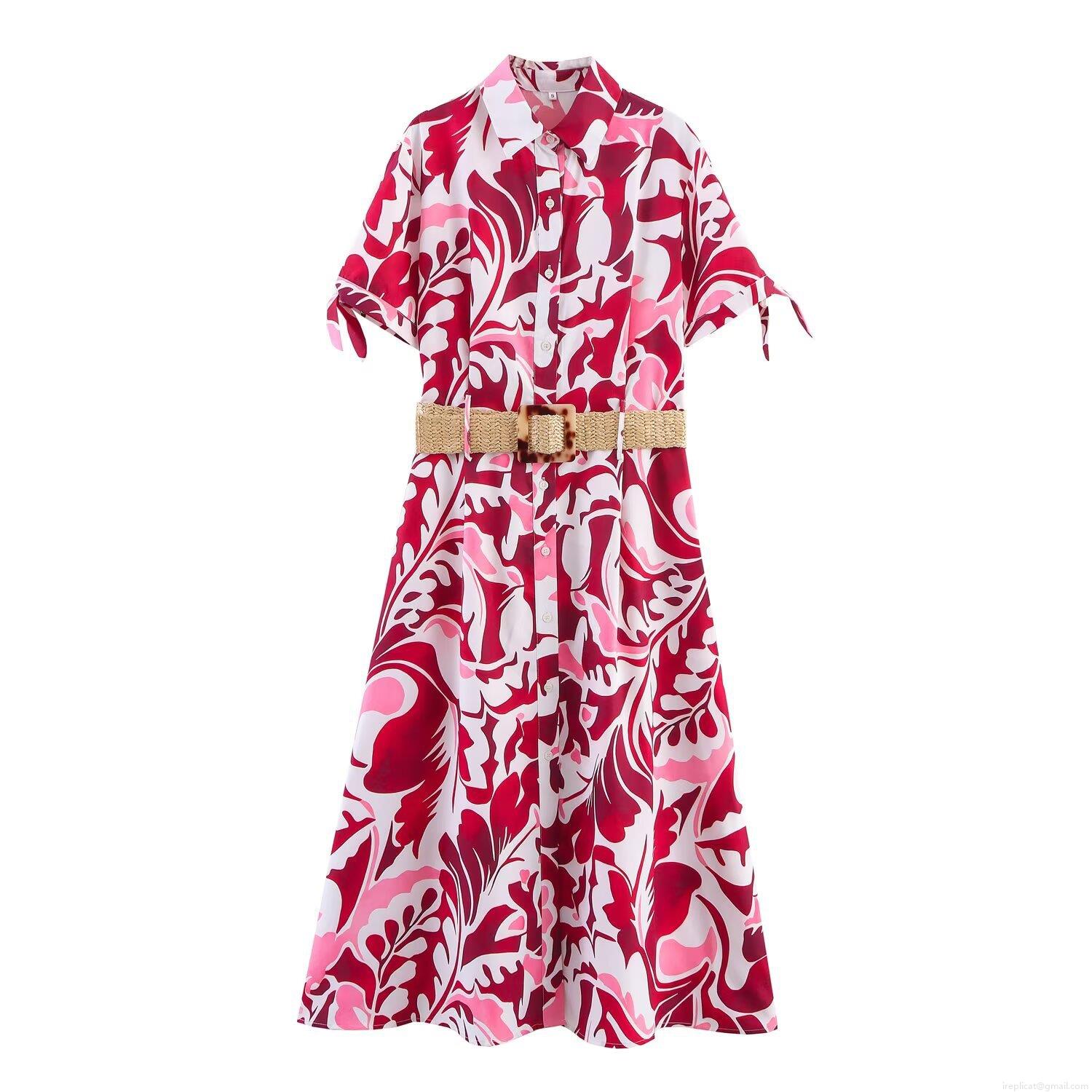 Women's Tropical Print Short Sleeve Shirt Dress With Belt Polyester A-Line Midi Dress For Summer Vacation Streetwear Female Fashion Women's Tropical Print Short Sleeve Shirt Dress With Belt Polyester A-Line Midi Dress For Summer Vacation Streetwear Female Fashion
