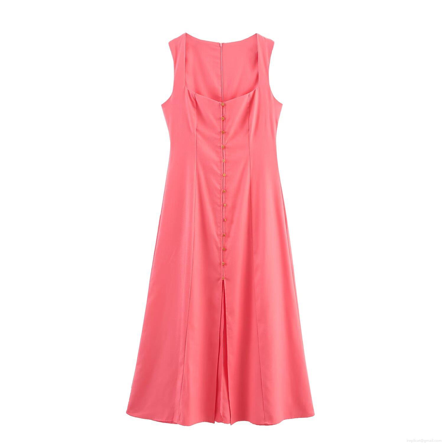 Women's Square Neck Sleeveless Single Breasted Midi Dress Polyester Blend Slit Hem Streetwear Casual Party Rose Pink Women's Square Neck Sleeveless Single Breasted Midi Dress Polyester Blend Slit Hem Streetwear Casual Party Rose Pink