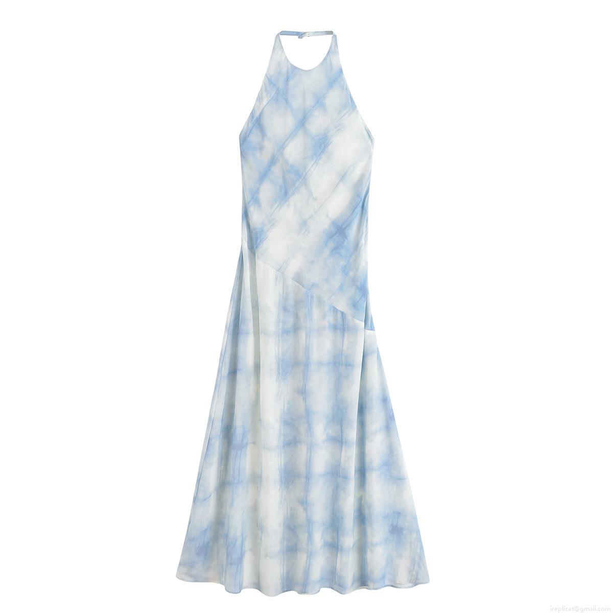 Women Halter Neckless Backless Tie Dye Midi Dress 95% Polyester Blue White Gradient Sleeveless A-Line Sling Dress For Summer Vacation Party Streetwear Fashion