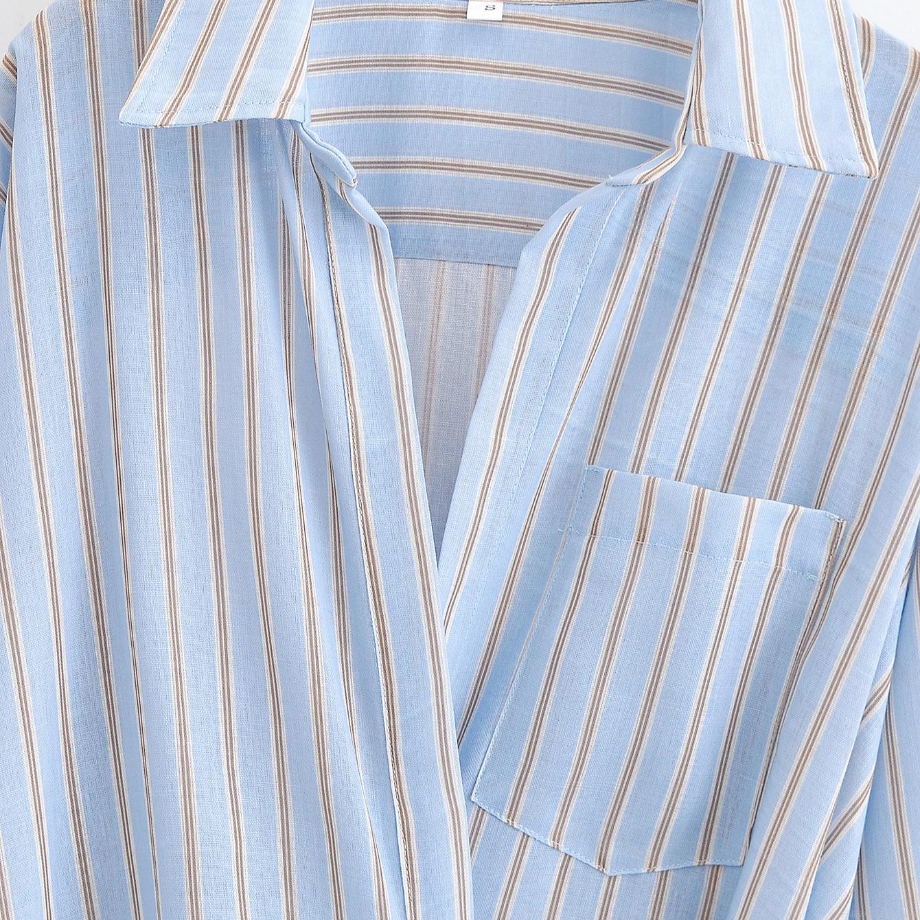 Women\'s Striped Lapel Long Sleeve Shirt Dress Elegant Tie Waist Midi Dress 100% Polyester Street Style Commuter Dress For Lady