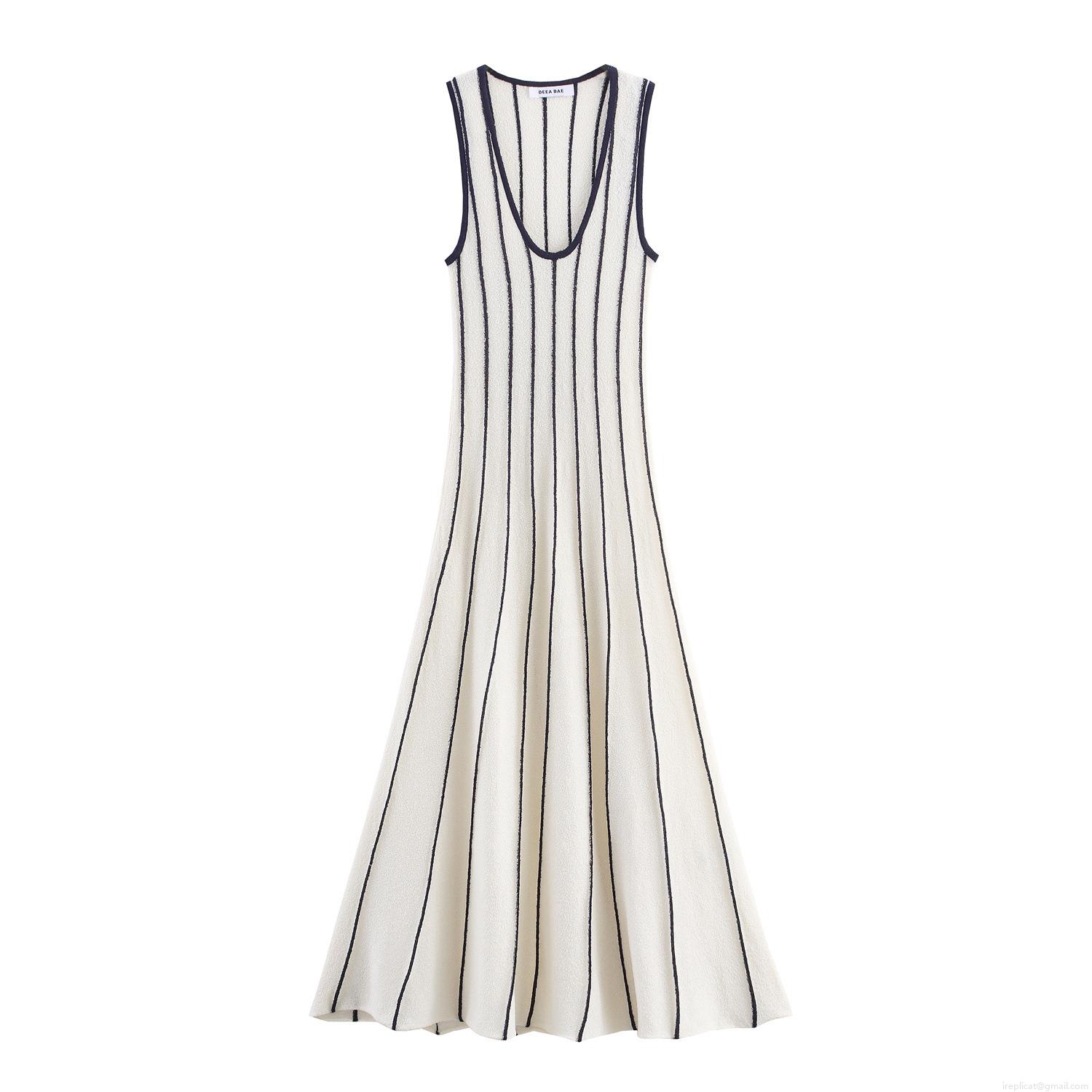 Women's Sexy U-Neck Sleeveless Stripe Knitted Dress Casual Elegant Vertical Striped Midi A-Line Knit Dress For Streetwear Party Office