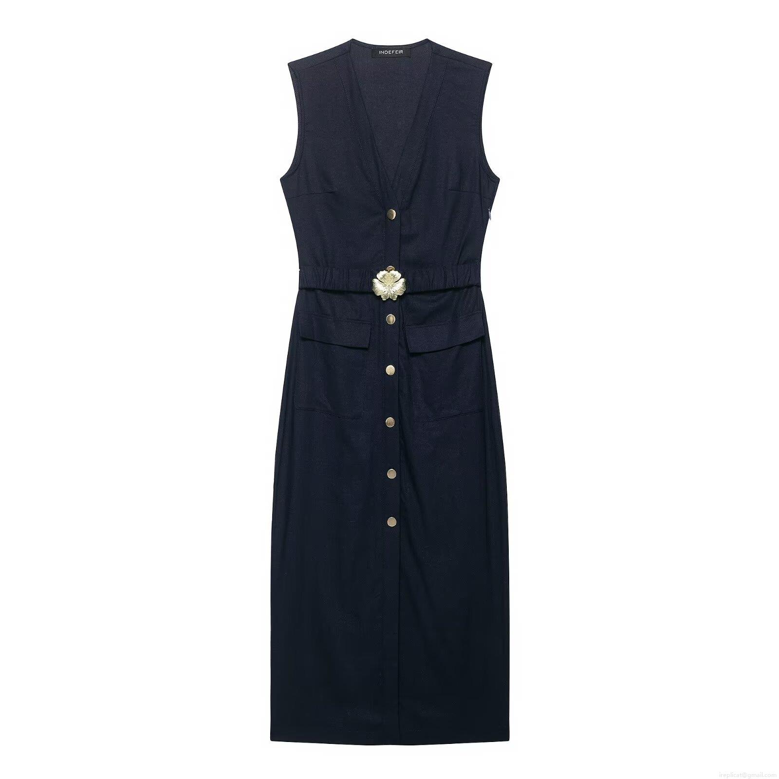Women's Sleeveless Midi Dress Single-Breasted Belted Solid Navy Blue Elegant Office Wear Formal Street Style Vest Dress For Autumn Women's Sleeveless Midi Dress Single-Breasted Belted Solid Navy Blue Elegant Office Wear Formal Street Style Vest Dress For Autumn