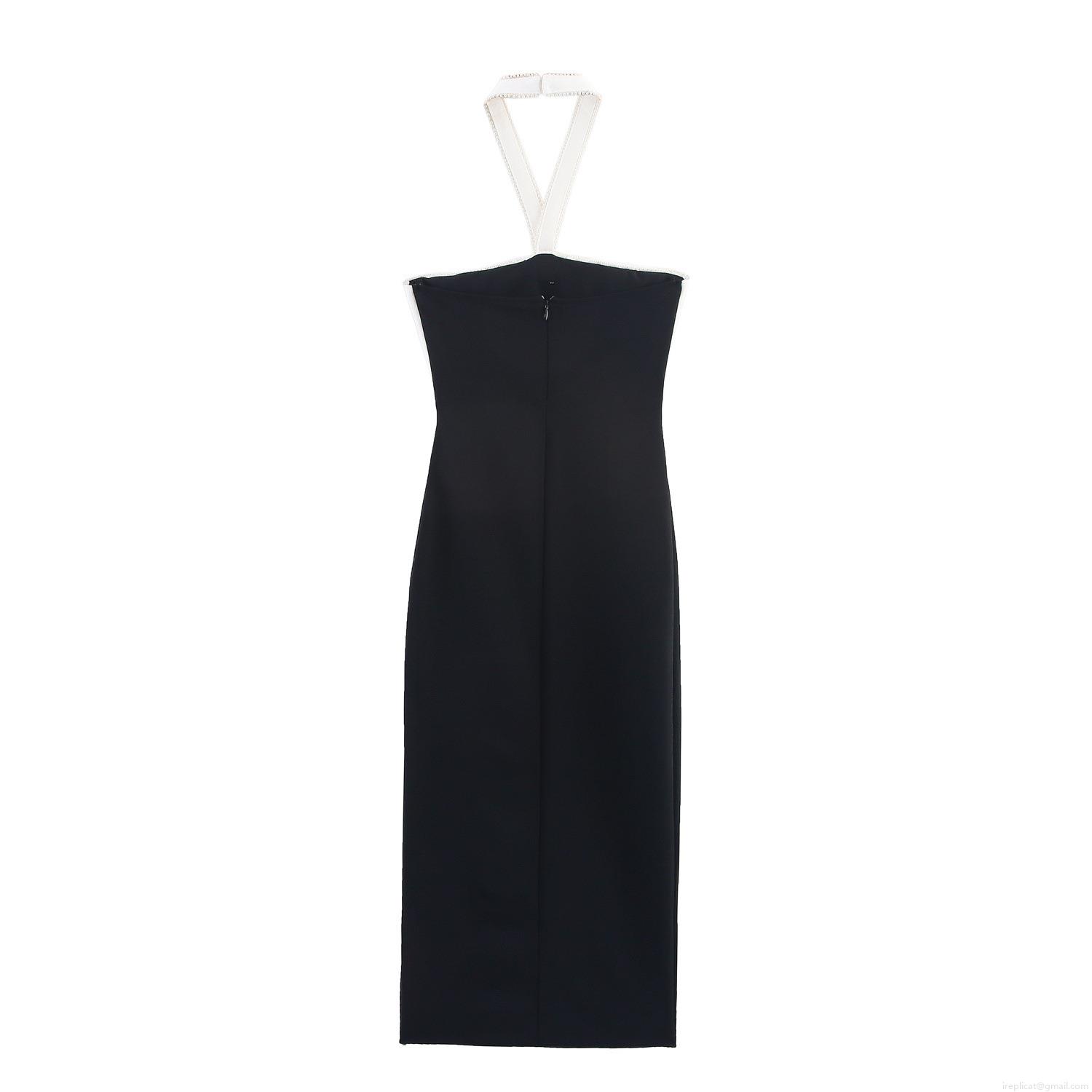 Women Sexy Black White Color Block Halter Backless Midi Dress With Bow Knot Pearl Trim Slim Fit Bodycon Party Evening Dress