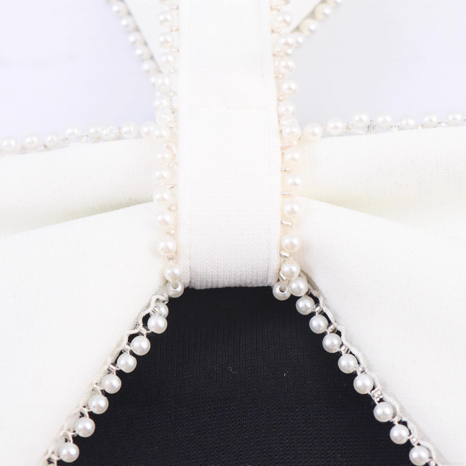 Women Sexy Black White Color Block Halter Backless Midi Dress With Bow Knot Pearl Trim Slim Fit Bodycon Party Evening Dress