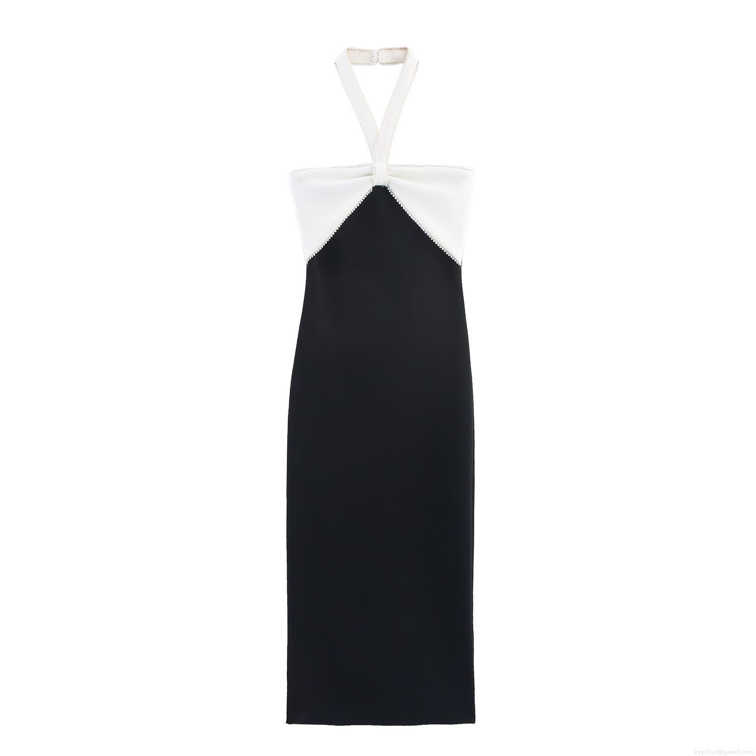 Women Sexy Black White Color Block Halter Backless Midi Dress With Bow Knot Pearl Trim Slim Fit Bodycon Party Evening Dress