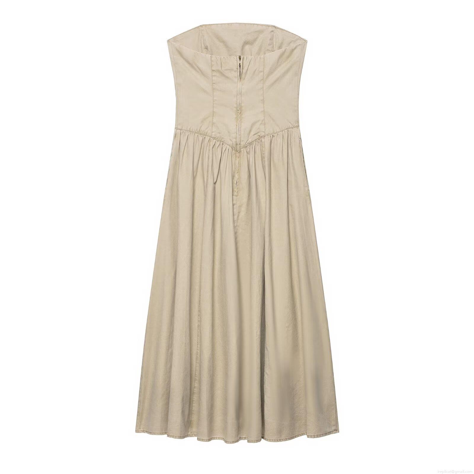 Women\'s Strapless Tube Maxi Dress Khaki Solid Color Backless A-Line Evening Gown For Party Streetwear Sexy Elegant Fashion Lady Autumn Apparel