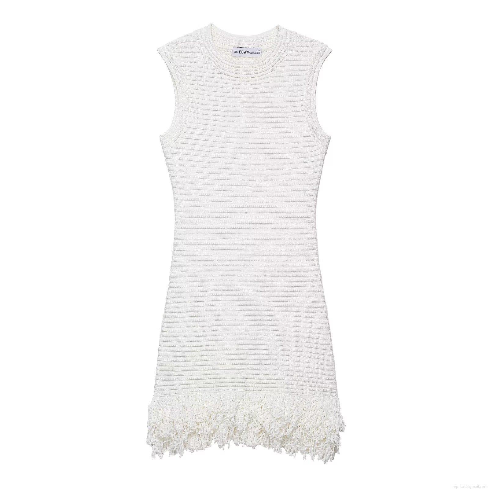 Women's Sleeveless Round Neck Knit Dress With Fringe Hem Solid Color Street Style White Midi Tank Dress Casual Bodycon Knitting Dress Women's Sleeveless Round Neck Knit Dress With Fringe Hem Solid Color Street Style White Midi Tank Dress Casual Bodycon Knitting Dress