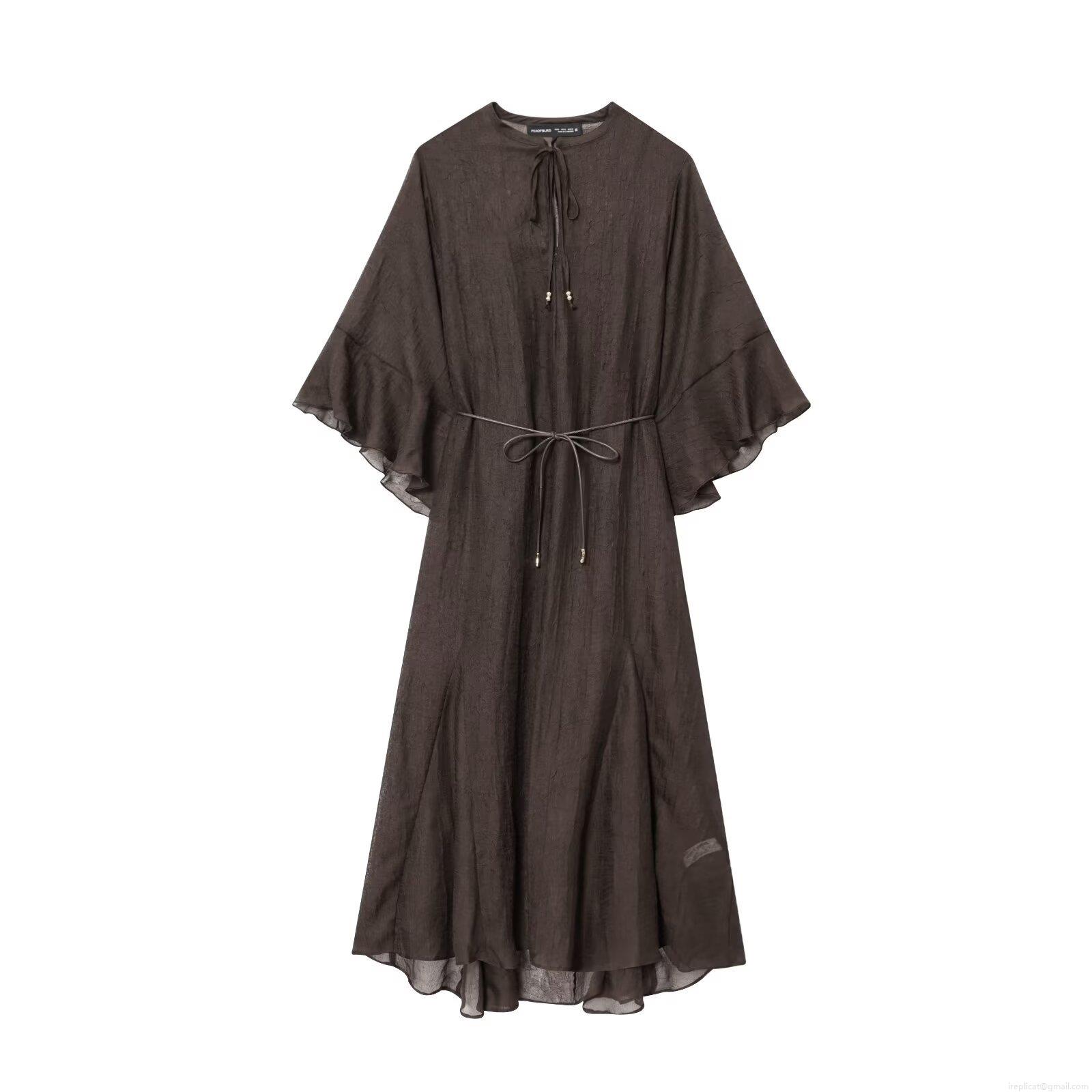 Women's Vintage Irregular Hem Midi Dress Western Style Batwing Bell Sleeve Ruffle Tie Waist Wrinkled Solid Color Polyester Dress For Party Streetwear Women's Vintage Irregular Hem Midi Dress Western Style Batwing Bell Sleeve Ruffle Tie Waist Wrinkled Solid Color Polyester Dress For Party Streetwear
