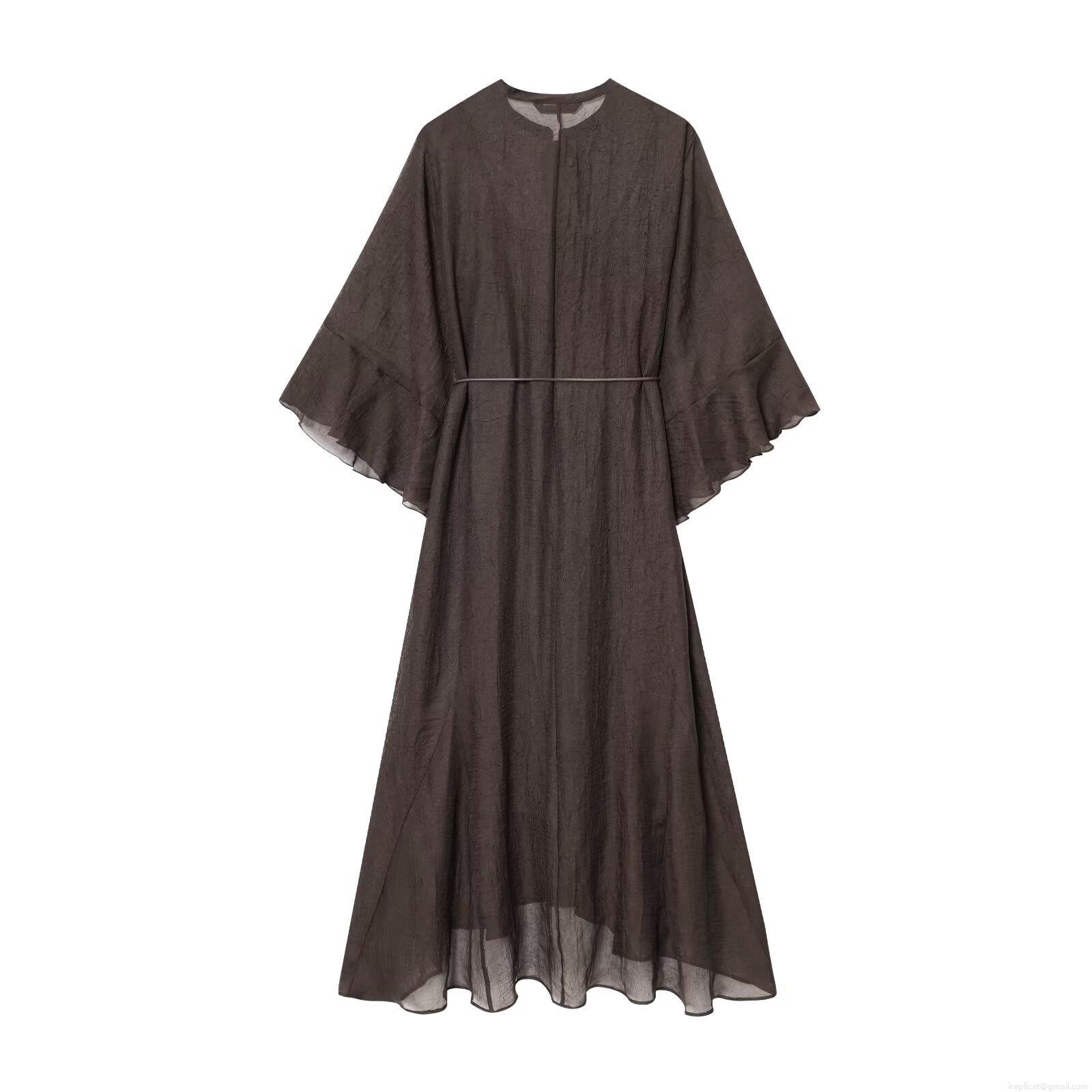 Women\'s Vintage Irregular Hem Midi Dress Western Style Batwing Bell Sleeve Ruffle Tie Waist Wrinkled Solid Color Polyester Dress For Party Streetwear