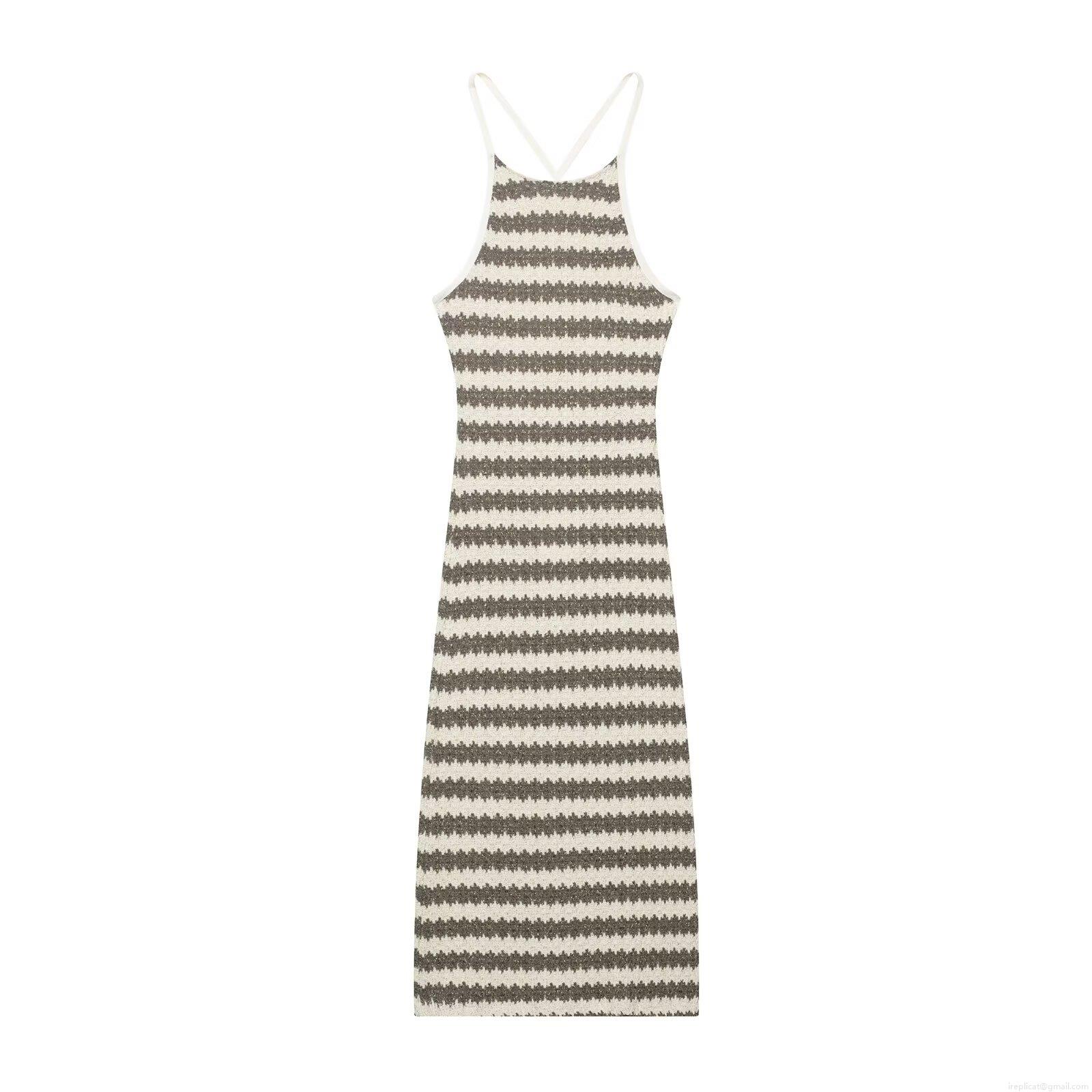Sexy Backless Striped Knitted Midi Dress Women Halter V Neck Cross Strappy Sleeveless Club Party Wear Street Style With Gold Lurex Polyester Sexy Backless Striped Knitted Midi Dress Women Halter V Neck Cross Strappy Sleeveless Club Party Wear Street Style With Gold Lurex Polyester
