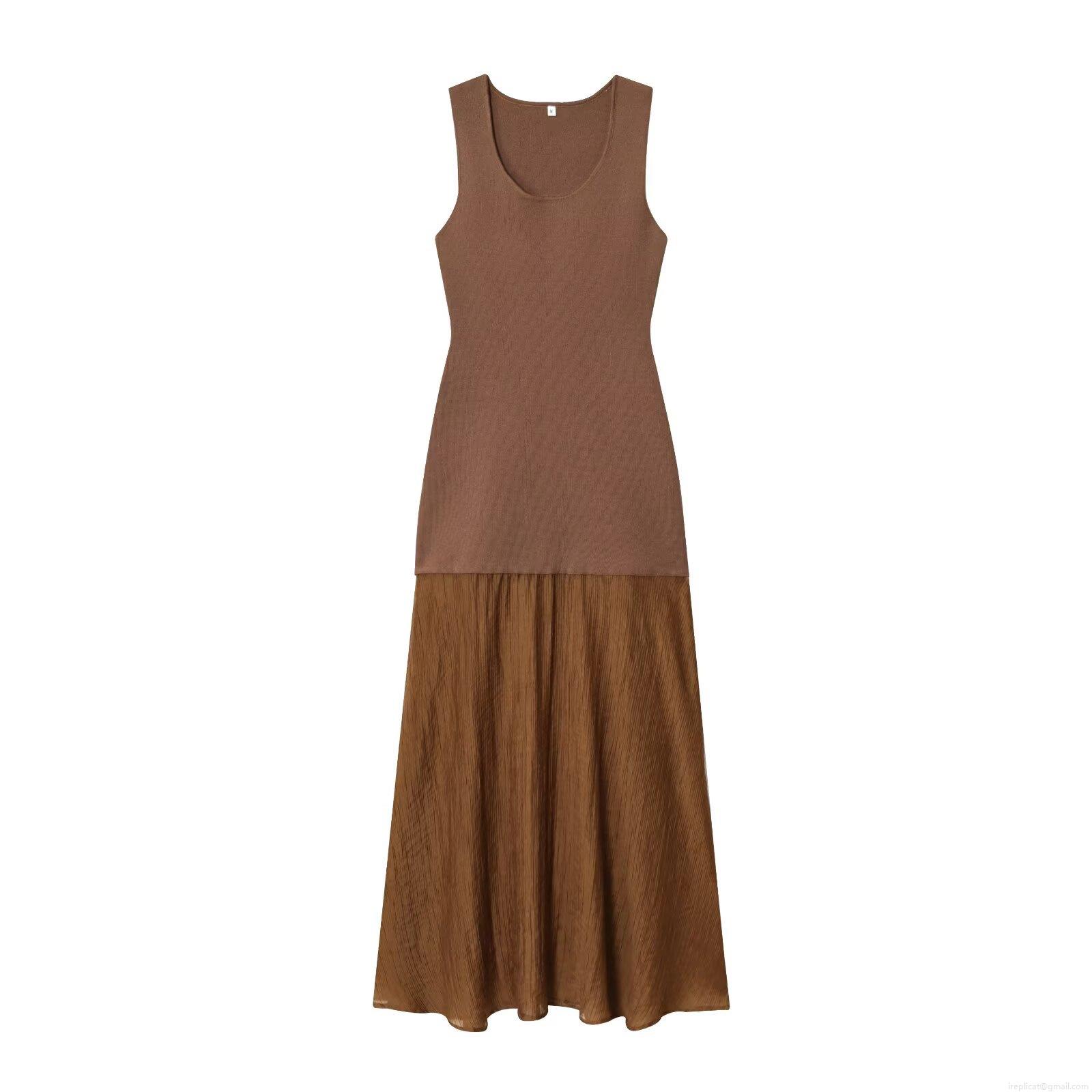 Women's Western Style Sleeveless V-Neck Knit Patchwork Midi Dress With Asymmetrical Pleated Hem Elegant Solid Camel Brown Long Dress For Daily Casual Autumn Women's Western Style Sleeveless V-Neck Knit Patchwork Midi Dress With Asymmetrical Pleated Hem Elegant Solid Camel Brown Long Dress For Daily Casual Autumn
