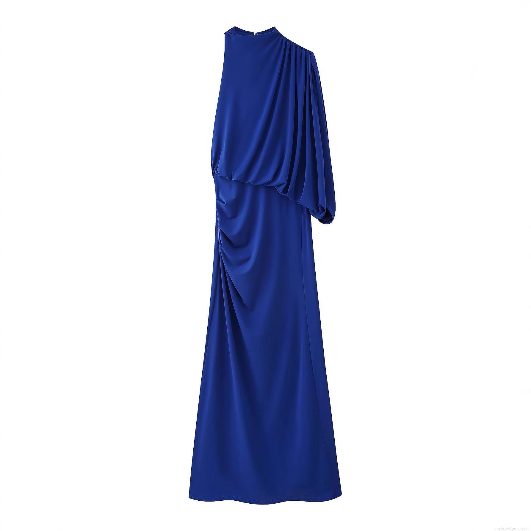 Women's Elegant One Shoulder Pleated Midi Dress Sleeveless Ruched Draped Royal Blue Polyester Evening Party Cocktail Gown Streetwear Style Slim Fit Dress Women's Elegant One Shoulder Pleated Midi Dress Sleeveless Ruched Draped Royal Blue Polyester Evening Party Cocktail Gown Streetwear Style Slim Fit Dress