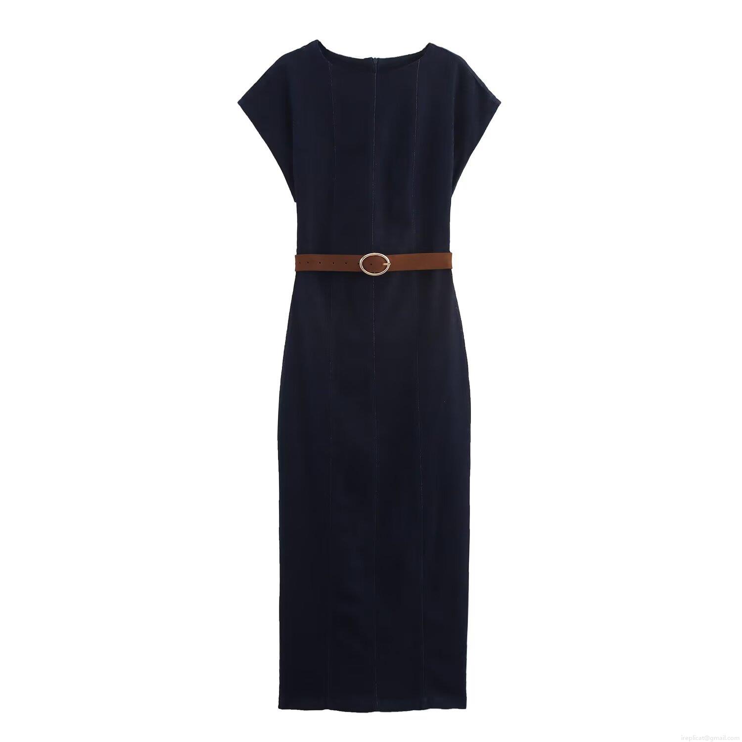 Women Sleeveless Denim Midi Dress With Brown Belt Round Neck Solid Color Cotton Blend Slim Fit Jean Dress For Casual Streetwear Lady Women Sleeveless Denim Midi Dress With Brown Belt Round Neck Solid Color Cotton Blend Slim Fit Jean Dress For Casual Streetwear Lady