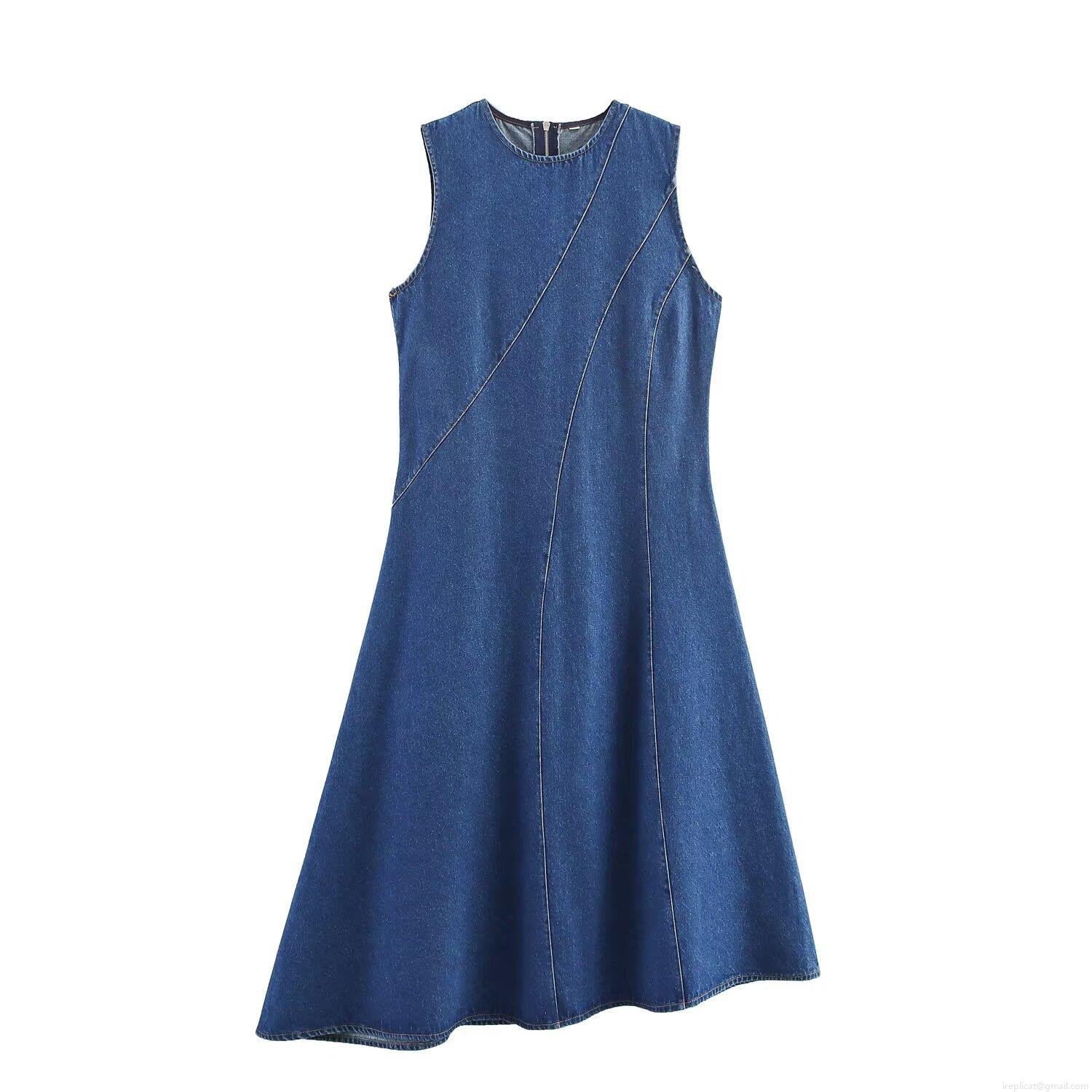 Women's Casual Sleeveless Denim Midi Dress With Round Neck And Asymmetrical Hem Patchwork Street Style Solid Color One-Piece Denim Dress For Women Women's Casual Sleeveless Denim Midi Dress With Round Neck And Asymmetrical Hem Patchwork Street Style Solid Color One-Piece Denim Dress For Women
