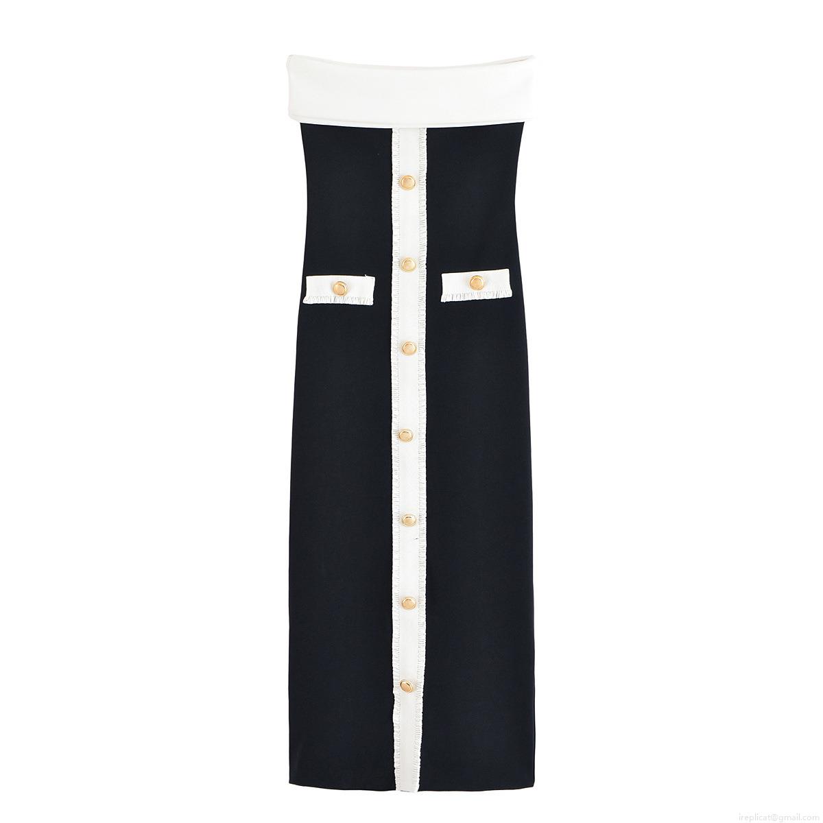 Sexy Women Contrast Color Off-Shoulder Bodycon Dress Gold Button Decor Slim Fit Polyester Midi Dress Elegant Streetwear Club Party Wear Outfits