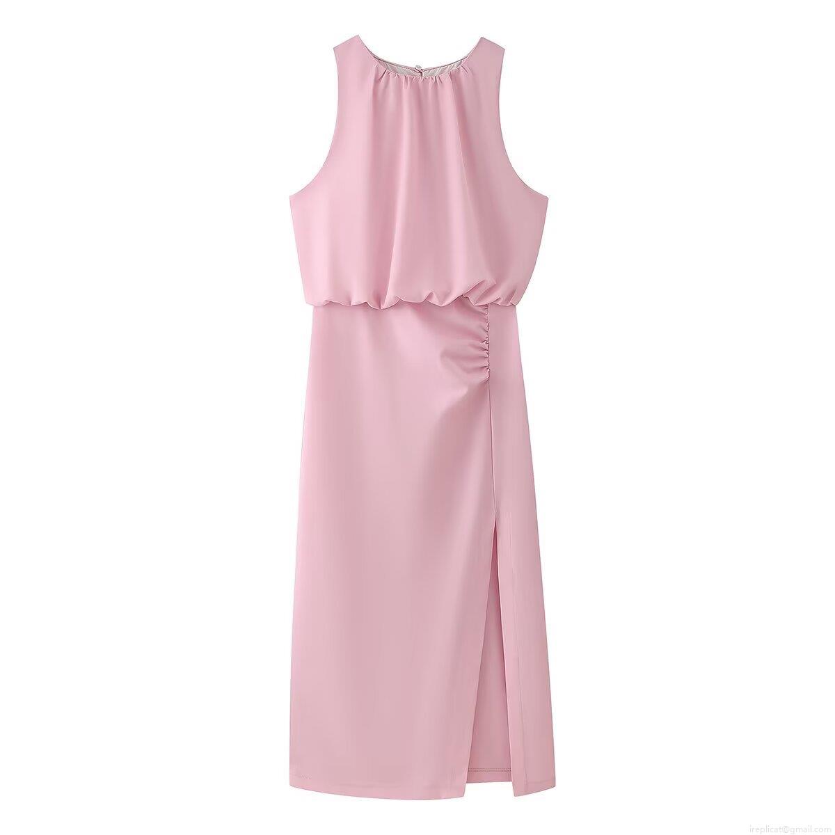 Women's Round Neck Sleeveless Pink Midi Dress Elegant Pleated Ruched Waist A-Line Skirt With Side Slit Street Style Polyester Sundress For Party Women's Round Neck Sleeveless Pink Midi Dress Elegant Pleated Ruched Waist A-Line Skirt With Side Slit Street Style Polyester Sundress For Party