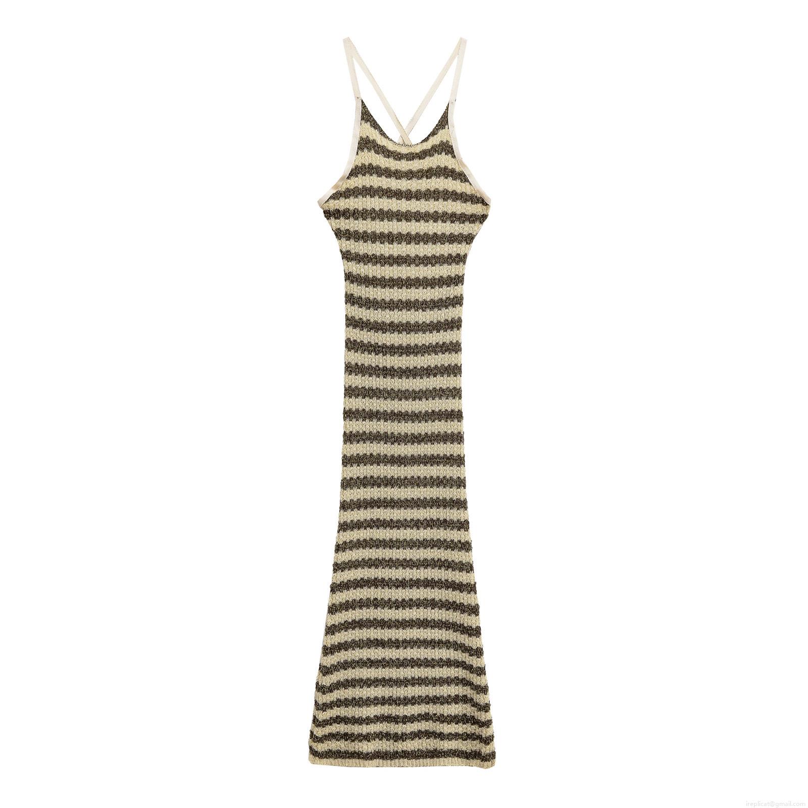 Sexy Backless Stripe Knit Cami Dress Women's Cross Halter Contrast Color Metallic Yarn Bodycon Midi Dress For Party Vacation Clubwear Sexy Backless Stripe Knit Cami Dress Women's Cross Halter Contrast Color Metallic Yarn Bodycon Midi Dress For Party Vacation Clubwear