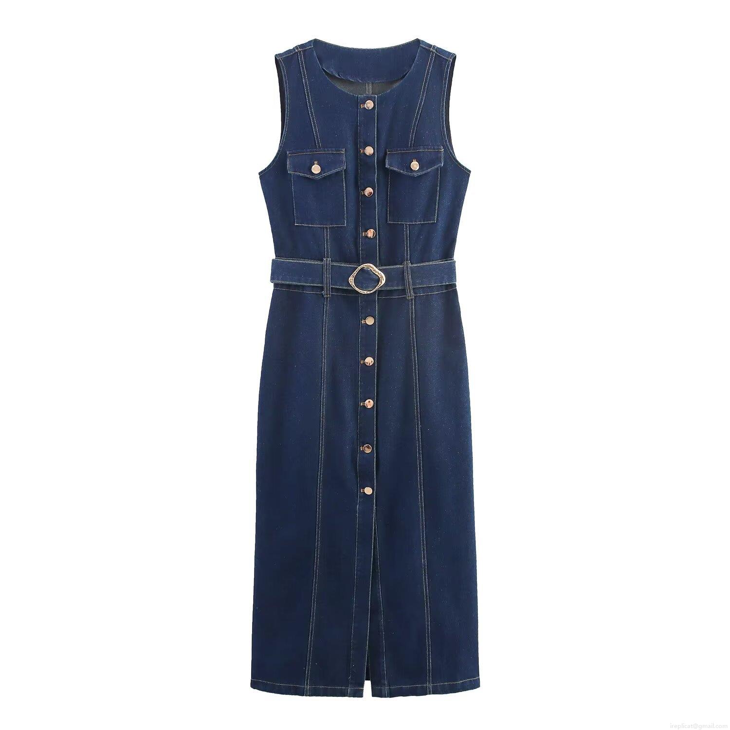 Women's Sleeveless Denim Midi Dress With Belt Contrast Topstitching Single Breasted Button Front Slit A-Line Casual Streetwear Dress Women's Sleeveless Denim Midi Dress With Belt Contrast Topstitching Single Breasted Button Front Slit A-Line Casual Streetwear Dress