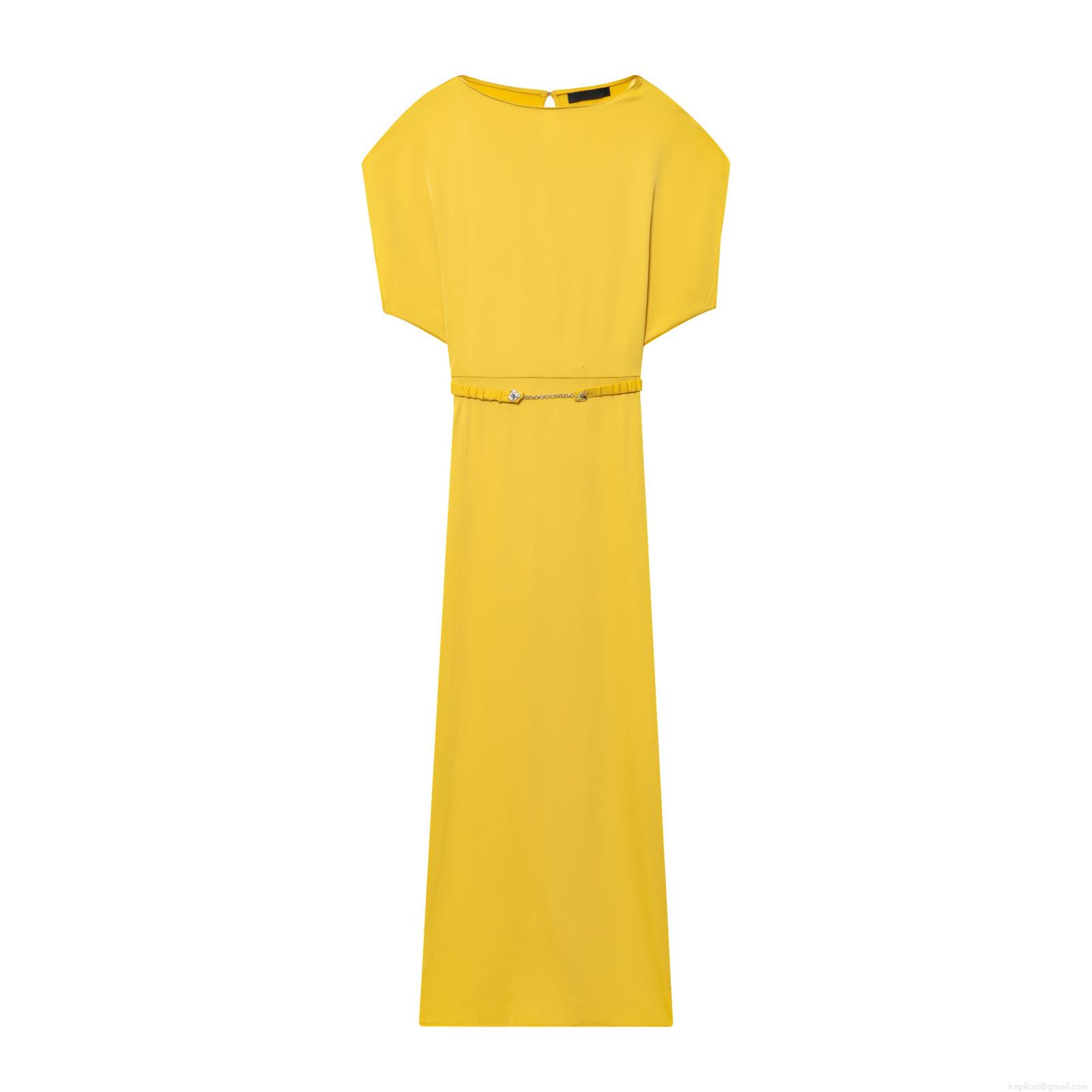 Women European Style Satin Texture Sleeveless Midi Dress With Heart Chain Belt Round Neck Bright Lemon Yellow Bodycon Elegant Party Streetwear Dress Women European Style Satin Texture Sleeveless Midi Dress With Heart Chain Belt Round Neck Bright Lemon Yellow Bodycon Elegant Party Streetwear Dress