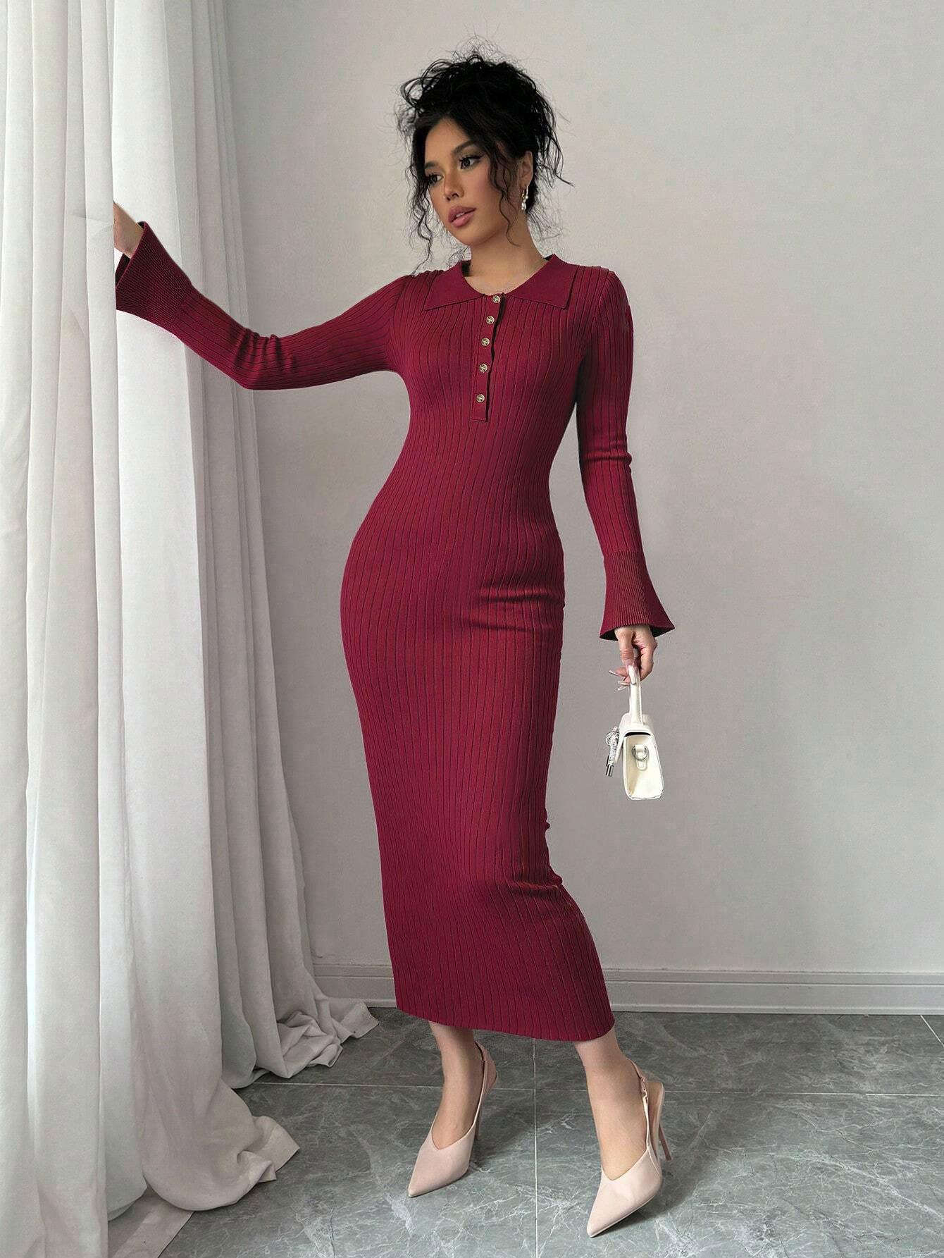 Women's Sexy Slim Fit Knitted Midi Dress Viscose Polyester Blend Polo Collar Long Sleeve Button Ribbed Bodycon Sweater Dress For Autumn Winter Party Office Ladies Women's Sexy Slim Fit Knitted Midi Dress Viscose Polyester Blend Polo Collar Long Sleeve Button Ribbed Bodycon Sweater Dress For Autumn Winter Party Office Ladies
