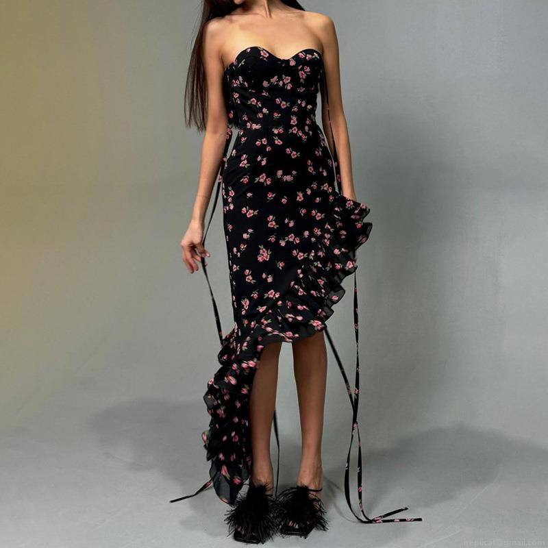 Women's Elegant Strapless Floral Midi Dress Polyester Spandex Blend Ruffle Hem Asymmetric Lace-up Bodycon Dress For Summer Party Wedding Vacation Women's Elegant Strapless Floral Midi Dress Polyester Spandex Blend Ruffle Hem Asymmetric Lace-up Bodycon Dress For Summer Party Wedding Vacation