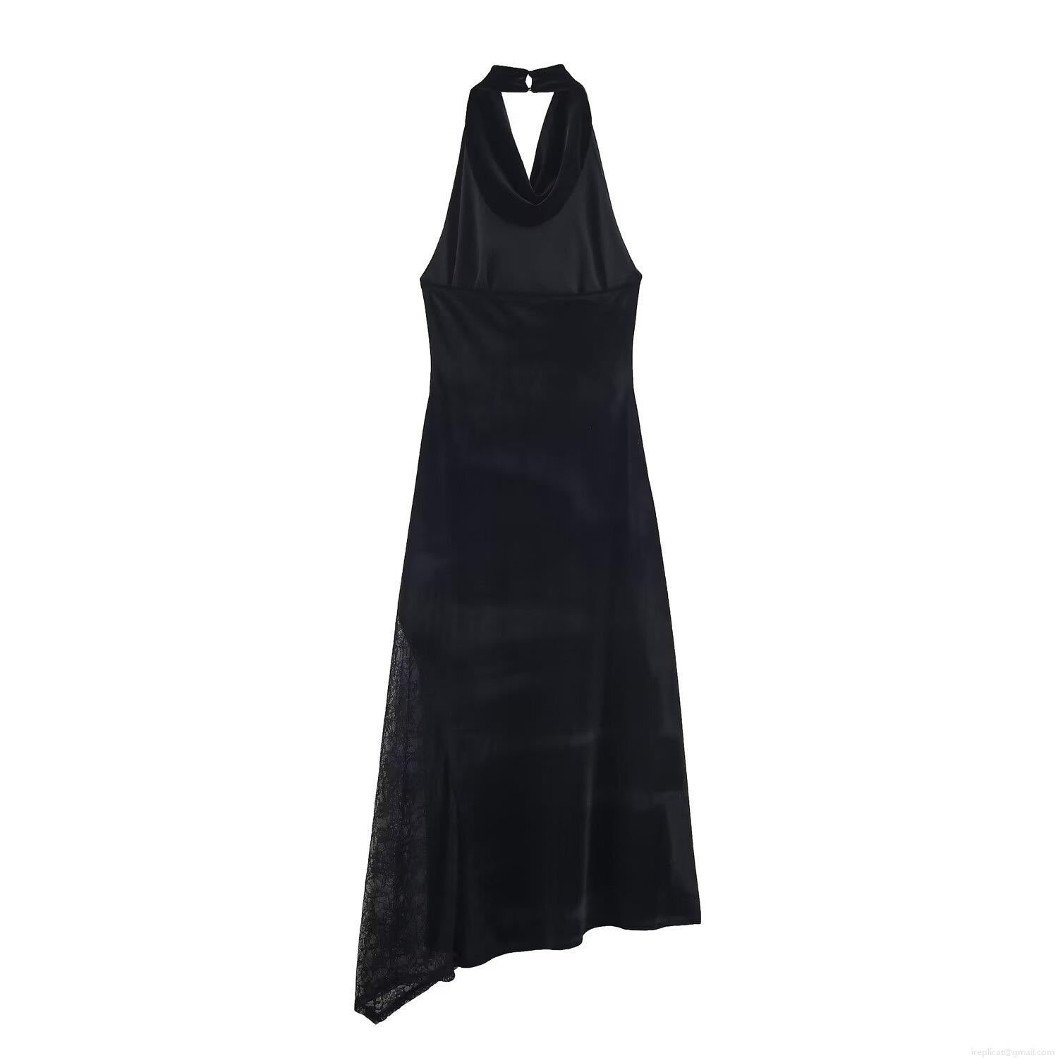 Women Halter Neck Lace Splicing Velvet Midi Dress Elegant Sleeveless Backless Evening Party Cocktail Bodycon Slim Fit Dress Chic Streetwear Ladies Fashion
