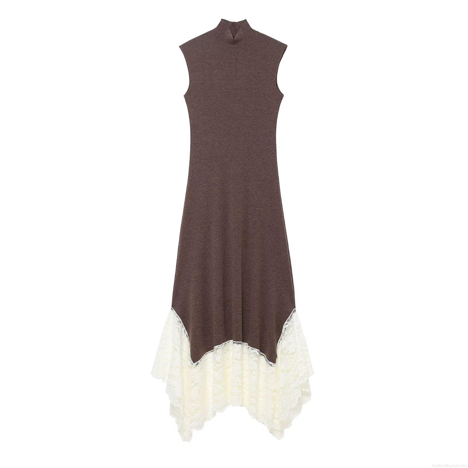 Women's Sexy Semi-High Neck Spliced Lace Irregular Hem Sleeveless Midi Dress Elegant Knitted Bodycon Dress Dark Brown White Splicing Evening Party Dress Women's Sexy Semi-High Neck Spliced Lace Irregular Hem Sleeveless Midi Dress Elegant Knitted Bodycon Dress Dark Brown White Splicing Evening Party Dress