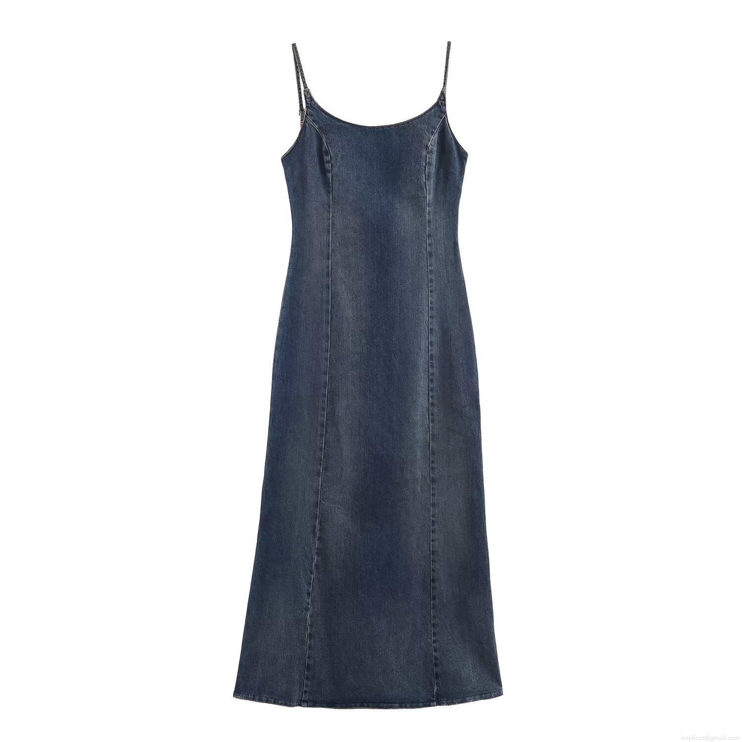 Women's Western Style Washed Backless Cami Denim Dress Slim Fit Patchwork Sleeveless Midi Dress Sea Blue Streetwear Fashion Sling Long Dress Women's Western Style Washed Backless Cami Denim Dress Slim Fit Patchwork Sleeveless Midi Dress Sea Blue Streetwear Fashion Sling Long Dress