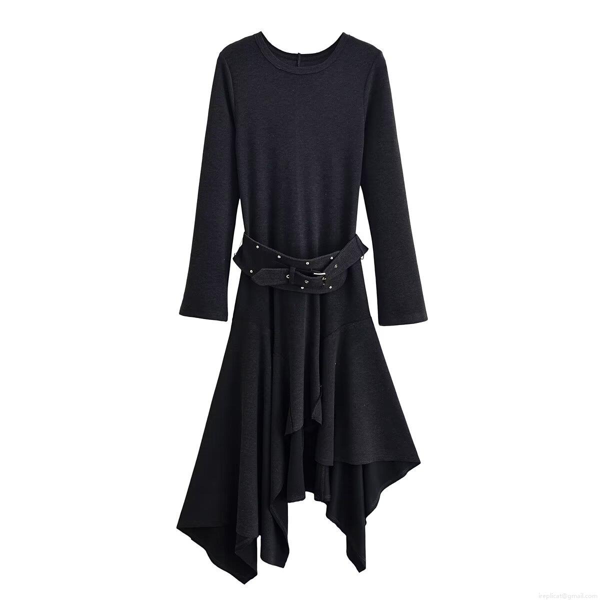 Women's European American Style Long Sleeve Round Neck Polyester Midi Dress With Riveted Belt Asymmetric Hem For Spring Autumn Casual Party Streetwear Fashion Women's European American Style Long Sleeve Round Neck Polyester Midi Dress With Riveted Belt Asymmetric Hem For Spring Autumn Casual Party Streetwear Fashion