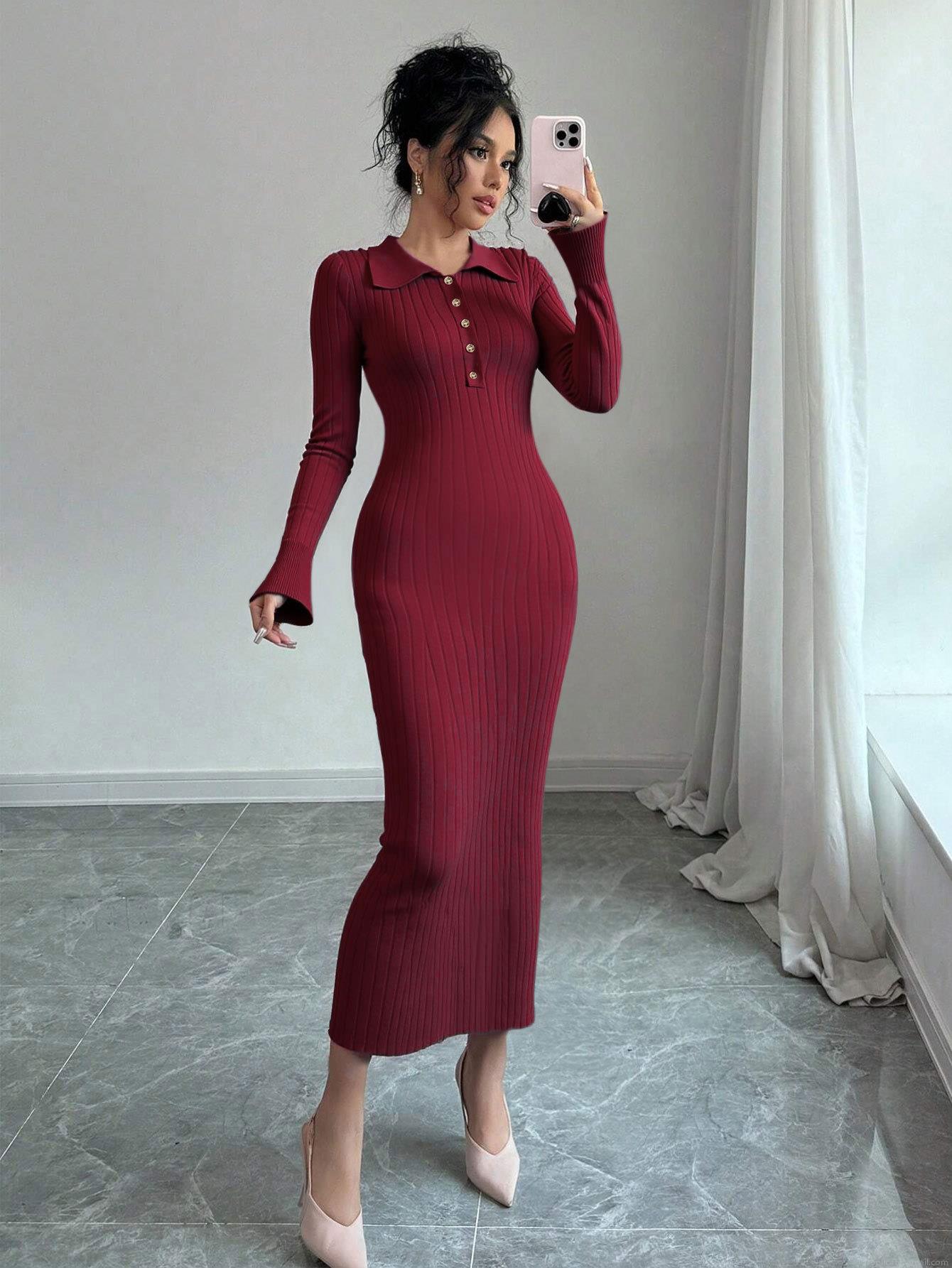 Elegant Women's Knit Bodycon Dress Long Sleeve Polo Collar Button Down Ribbed Texture Flared Cuffs Slim Fit Midi Fishtail Dress for Dating Party Wedding Elegant Women's Knit Bodycon Dress Long Sleeve Polo Collar Button Down Ribbed Texture Flared Cuffs Slim Fit Midi Fishtail Dress for Dating Party Wedding