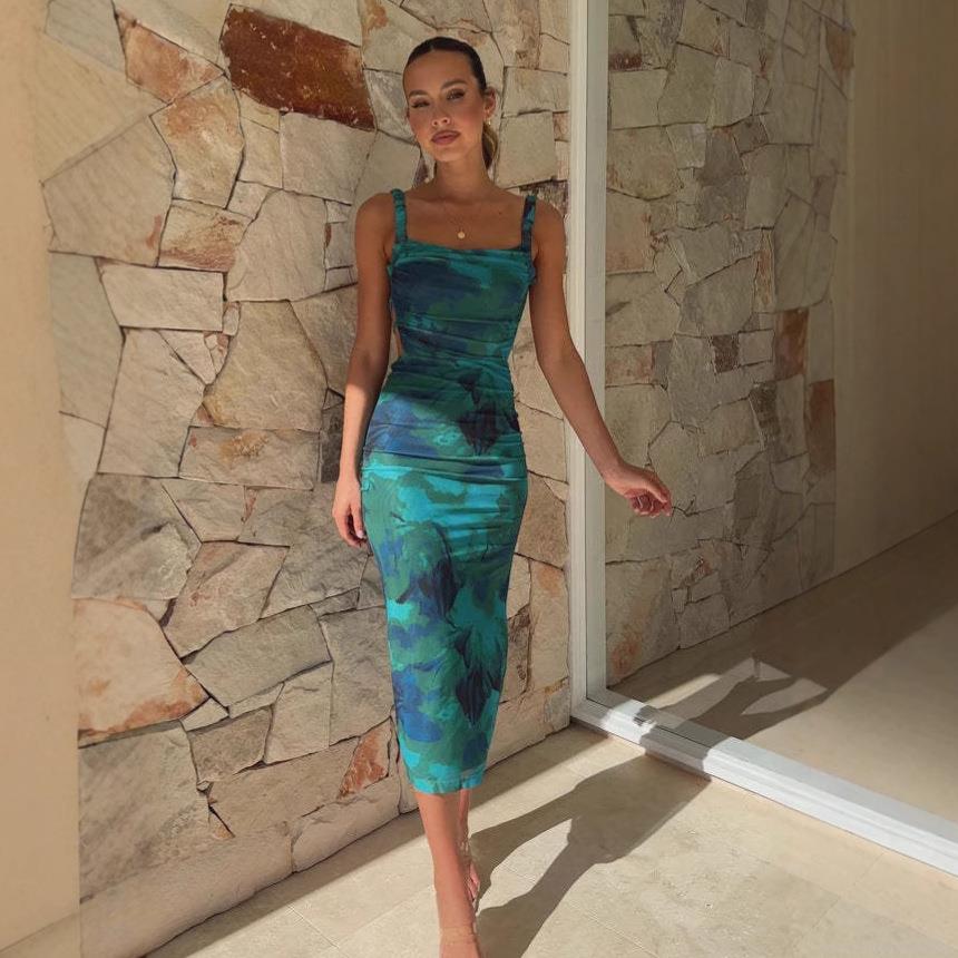 Women\'s Sexy Backless Floral Print Camisole Dress Summer Sleeveless Side Slit Square Neck Elegant Vacation Party Midi Dress 95% Polyester