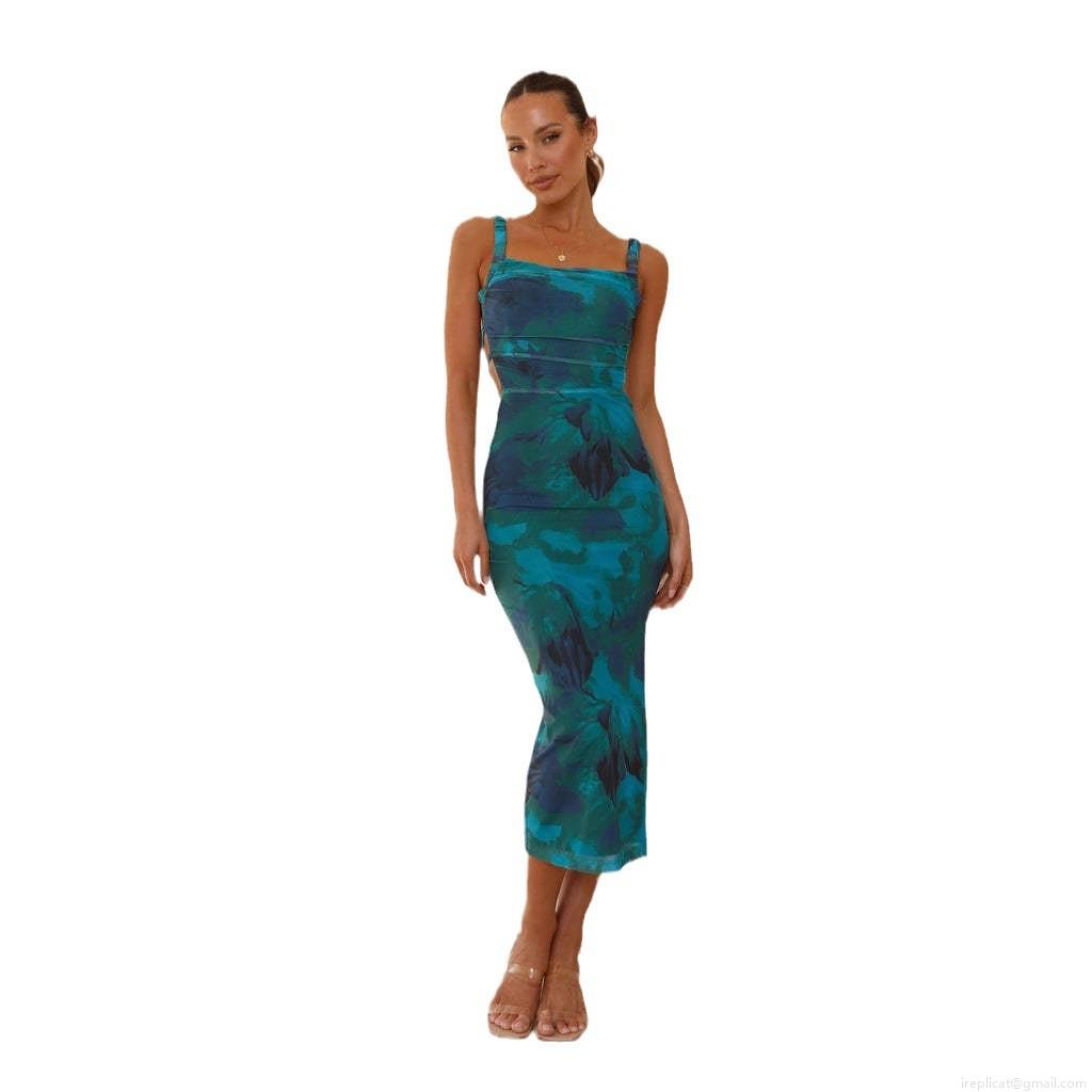 Women\'s Sexy Backless Floral Print Camisole Dress Summer Sleeveless Side Slit Square Neck Elegant Vacation Party Midi Dress 95% Polyester