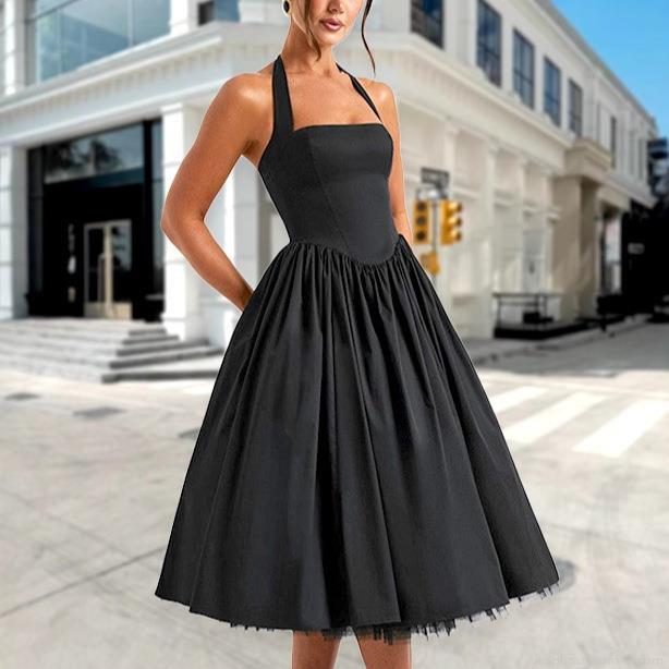 Women's Sexy Halter Neck Backless Midi Dress Elegant Tie Back Pleated A-Line Flare Dress Hepburn Style Solid Black Sleeveless Party Dress Outfit for Ladies Women's Sexy Halter Neck Backless Midi Dress Elegant Tie Back Pleated A-Line Flare Dress Hepburn Style Solid Black Sleeveless Party Dress Outfit for Ladies